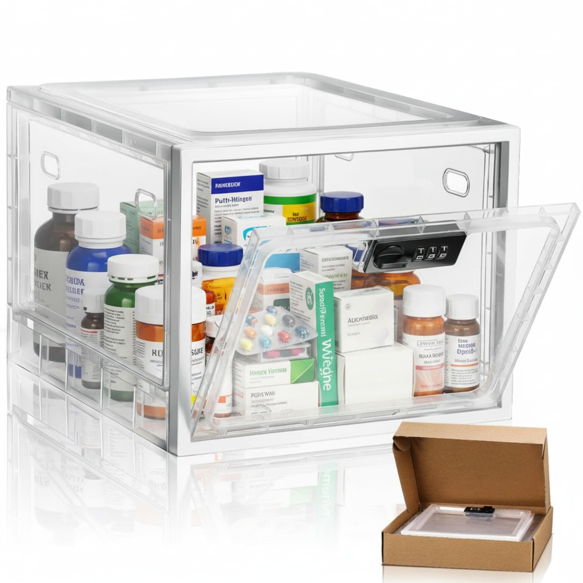 1 Pcs Large Medicine Storage Box Lockable Clear Storage Bin for Safe Medication, Snack Food and Home Safety (White)