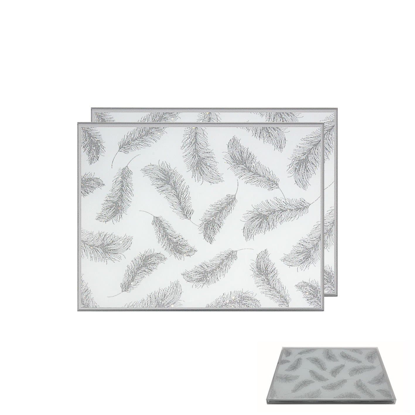 Elegant Glass Silver Glitter Feather Pattern Placemat and Coaster Set (Set of 2 Placemats)
