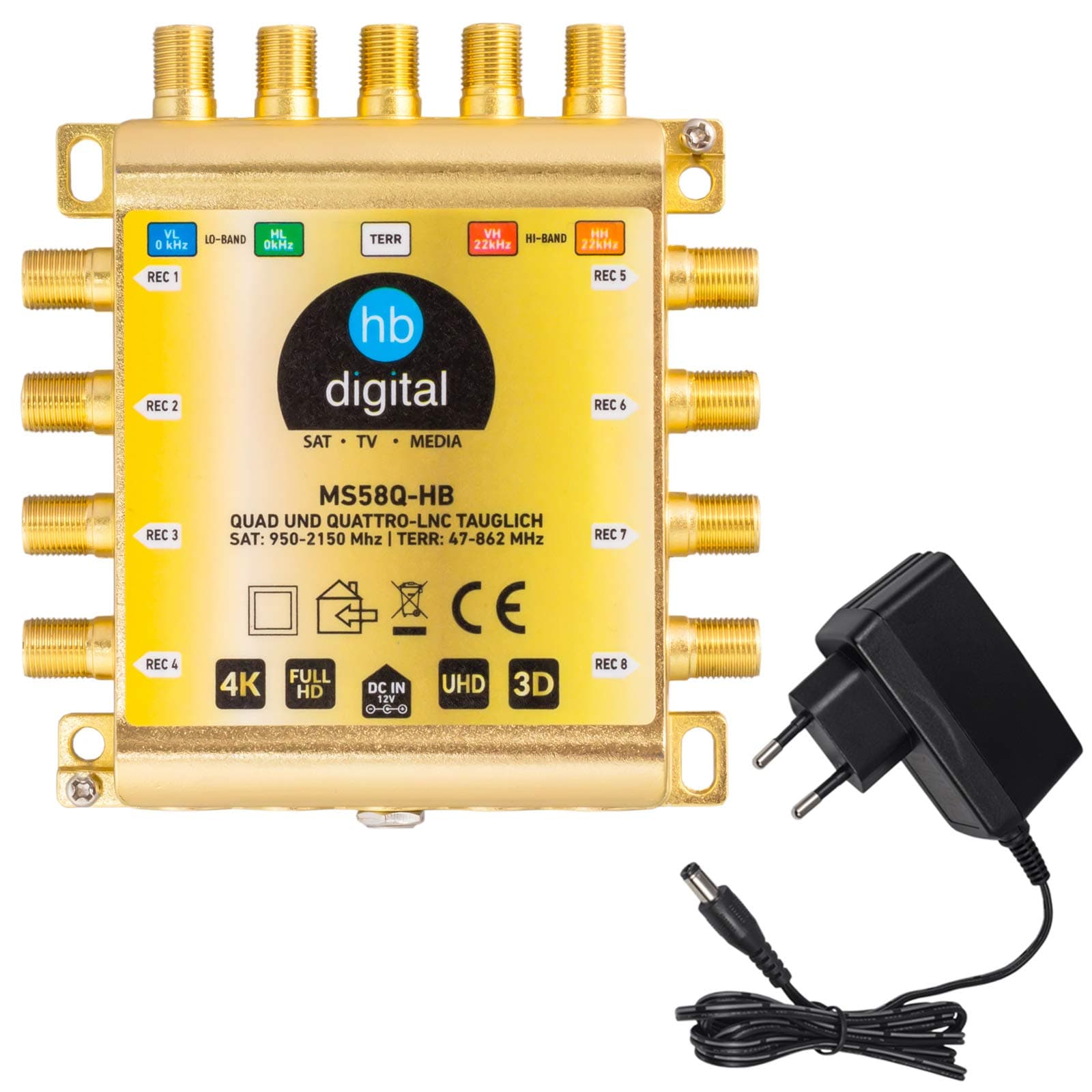 HB-DIGITAL DVB-S/S2 Multiswitch 5/8 | Multiswitch Splitter for 1 SAT, 8 Subscriber Satellite Receiver | Quad & Quattro LNB Suitable | Includes External Power Supply | MS58Q-HB | HDTV FullHD 1080p 4K