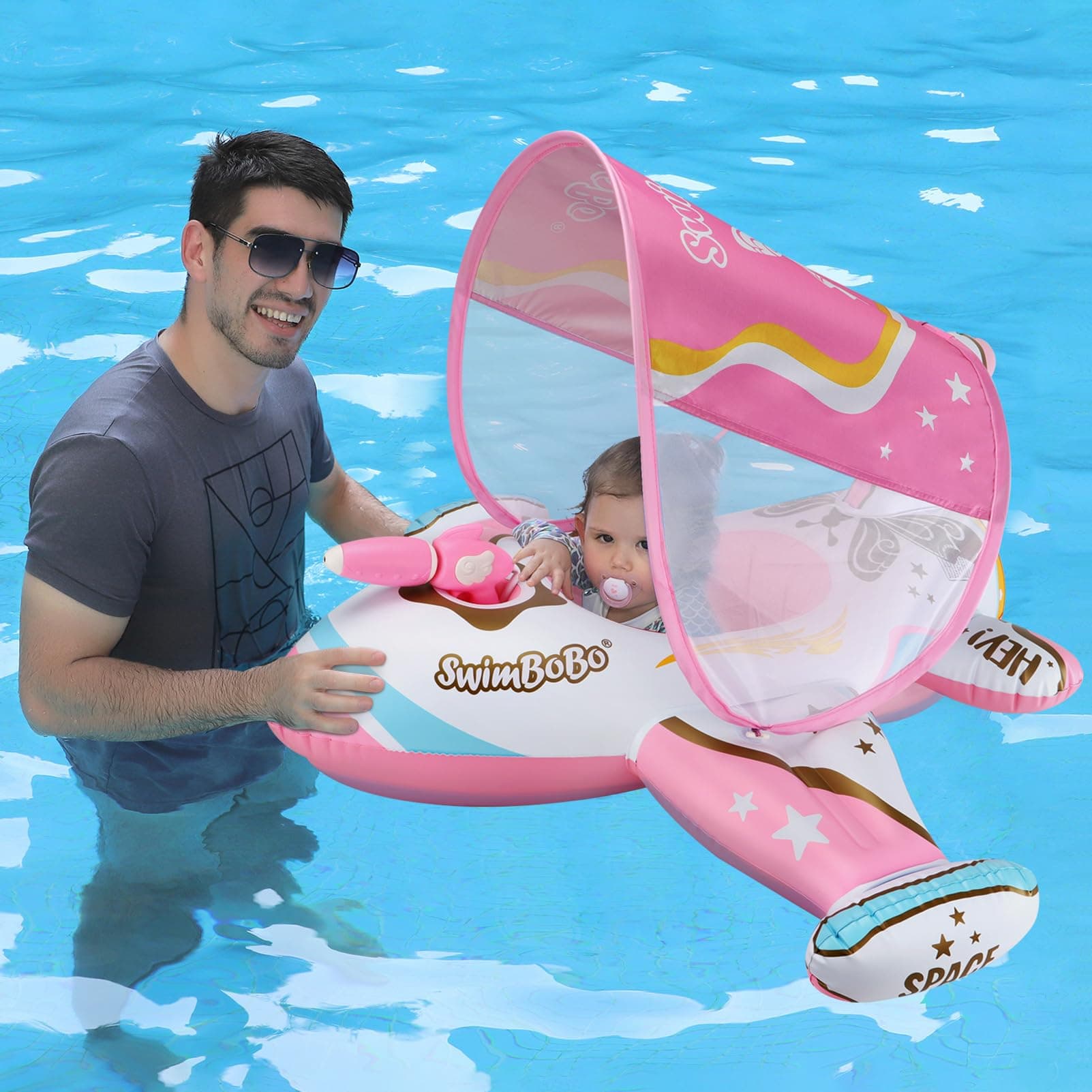 Toddler Pool Float Inflatable Car Baby Swim Float with Adjustable Sun Canopy and Safety Seat Pool Toys for Kids 3+ Years Old(Pink Airplane)