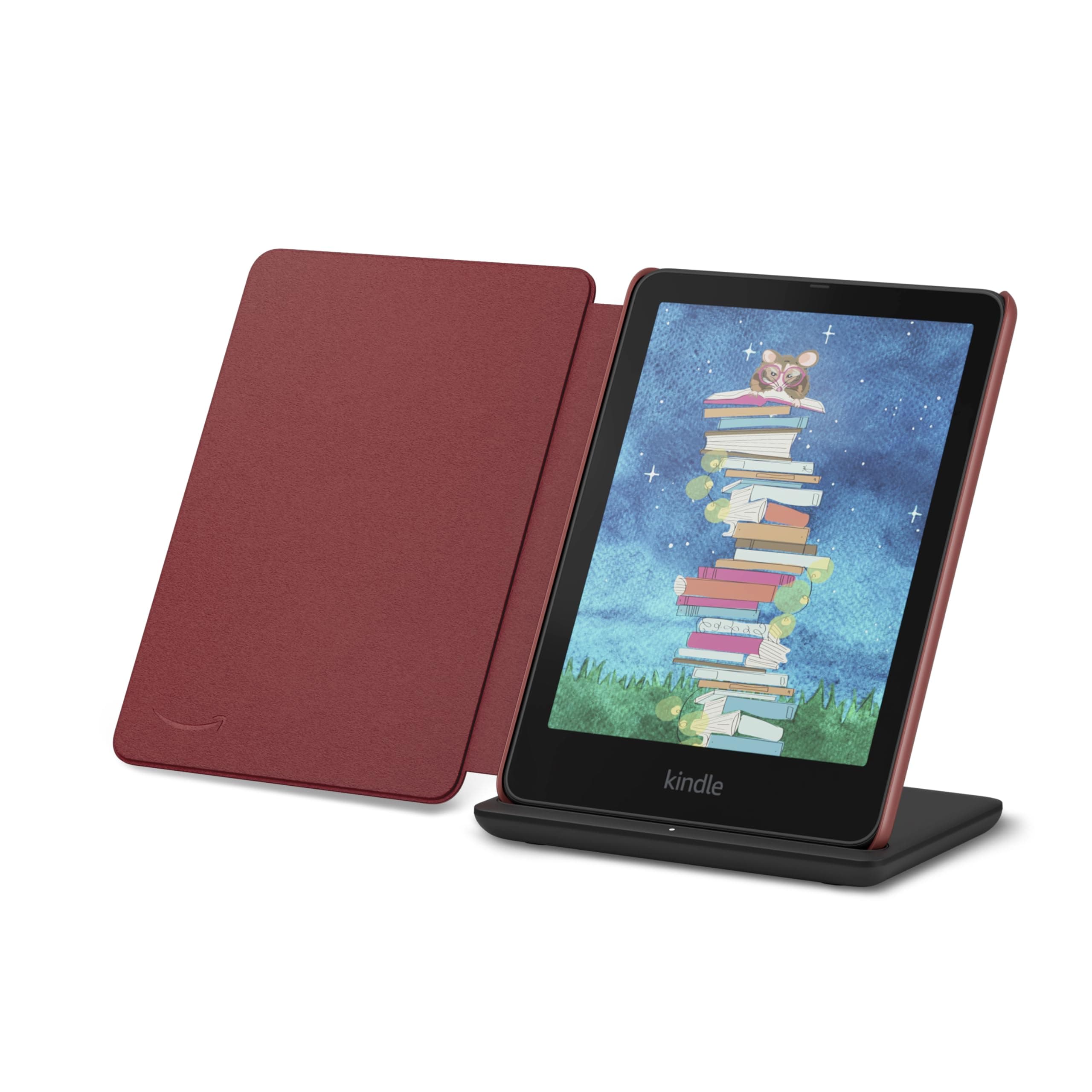 Introducing Amazon Kindle Colorsoft Signature Edition Essentials Bundle including Kindle Colorsoft Signature Edition (32GB)- Black, Premium Leather Cover-Ruby and Wireless Charging Dock
