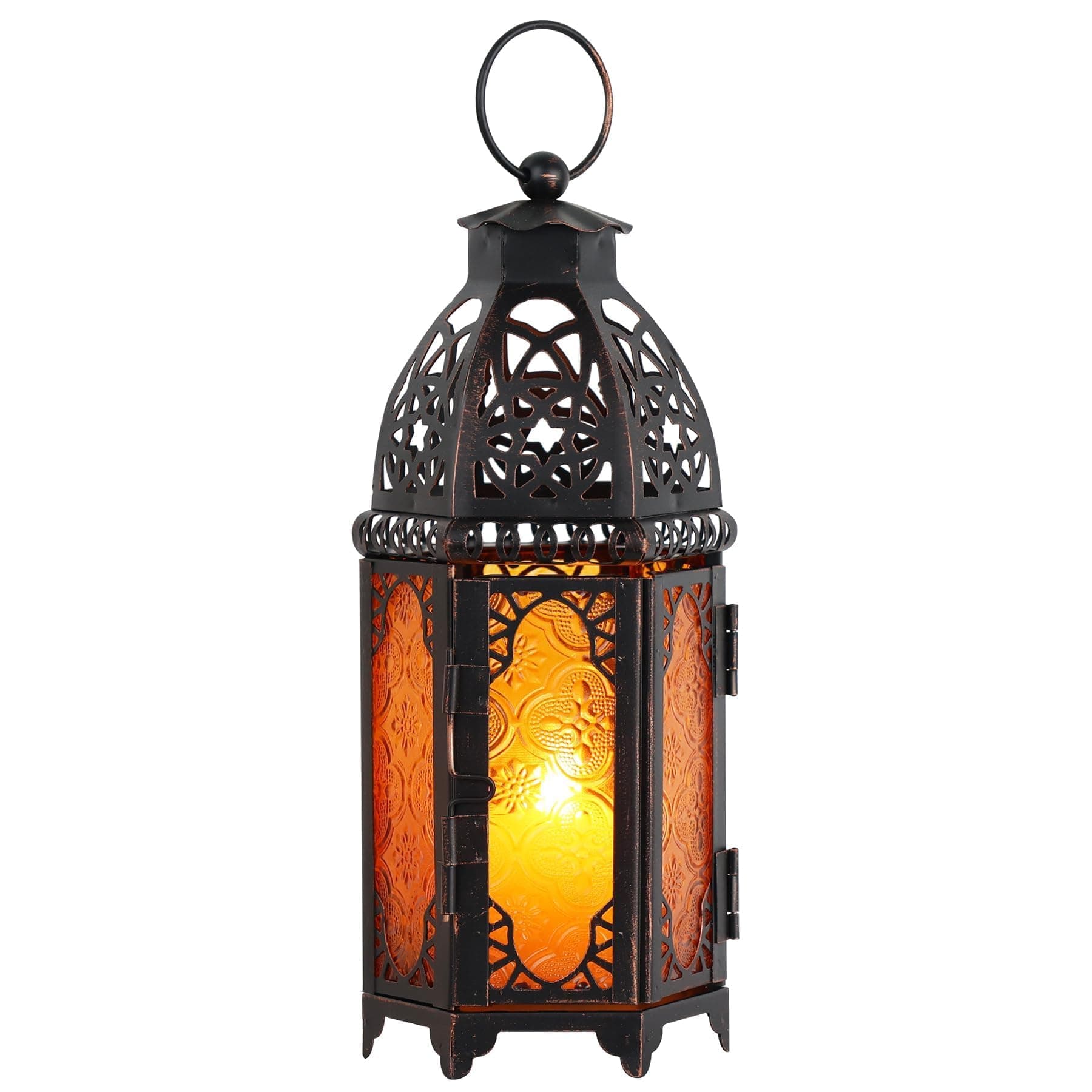 DECORKEY Moroccan Lanterns Decorative Indoor & Outdoor, 11’’ Medium Size Vintage Metal Hanging&Tabletop Candle Holder Decor, Halloween Christmas Ramadan Decorations for Home Porch Patio (Amber)
