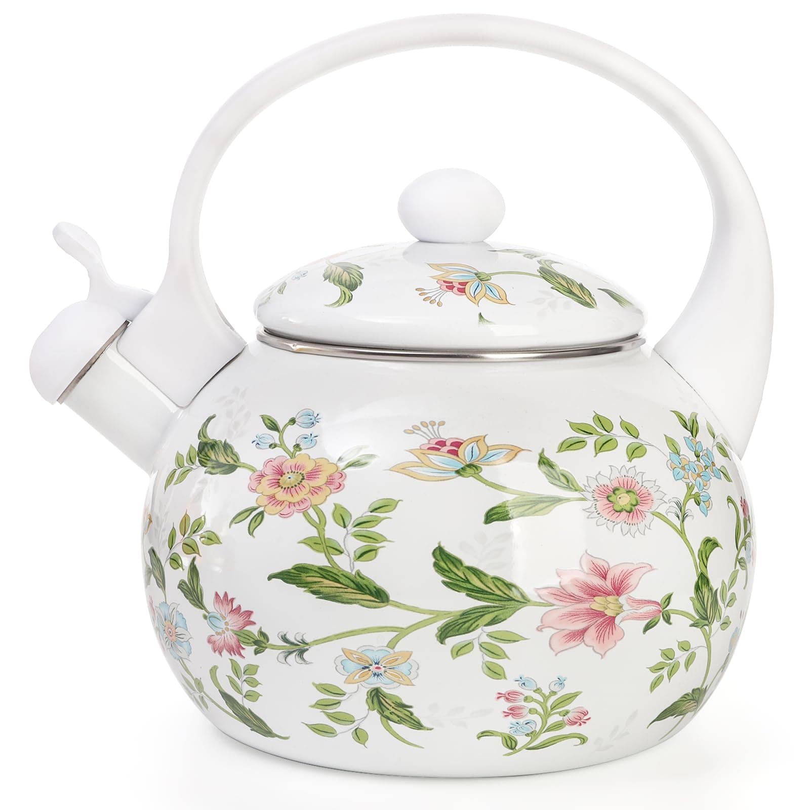 2.3 Quart Vintage Enamel Tea Kettle, Whistling Tea Kettle for Stove Top, Floral Enamel on Steel Teakettle Teapot for Home Kitchen Camping, Gift for Wedding Housewarming Thanksgiving Christmas