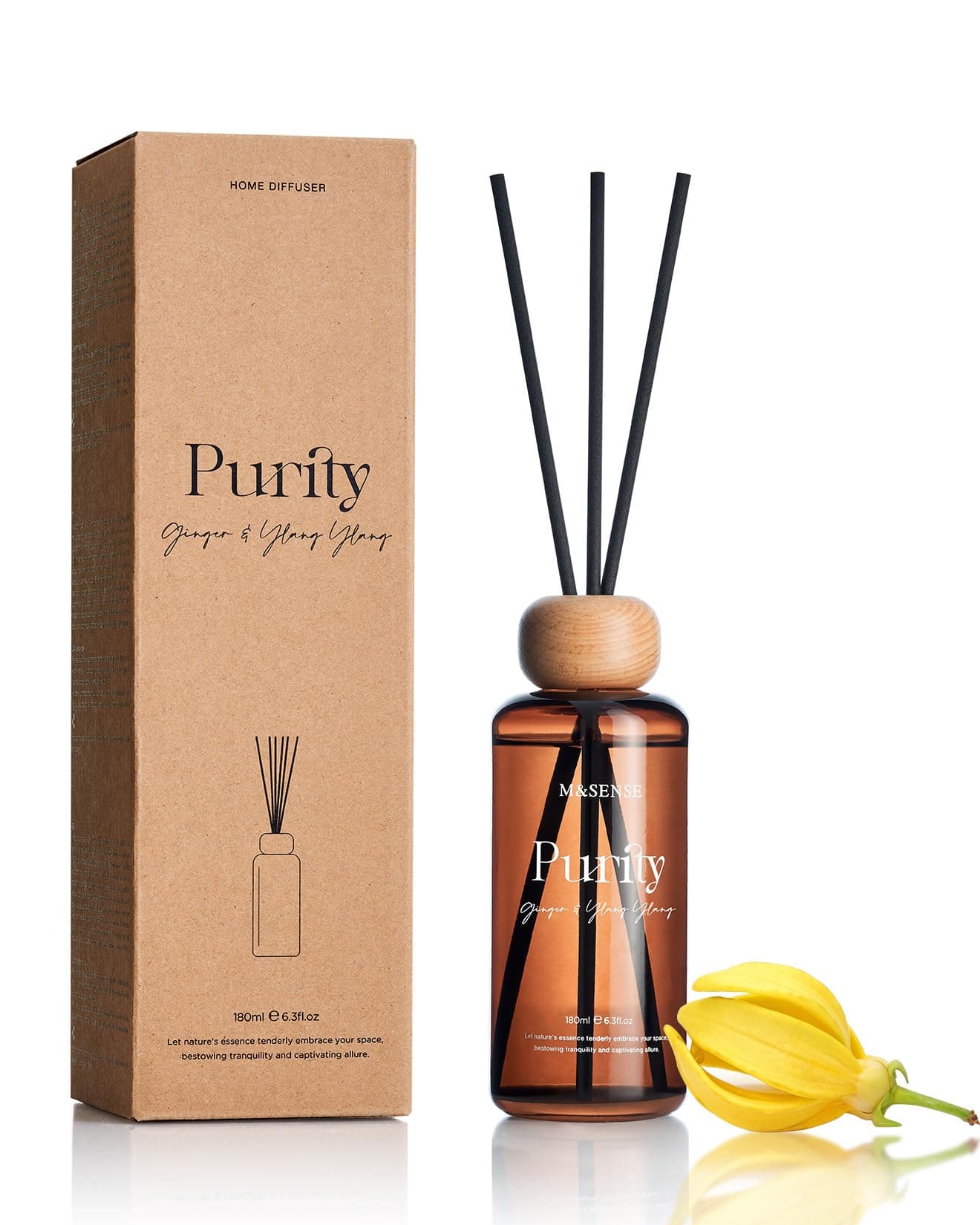 Reed Diffuser Set, Ginger Ylang Ylang Scented 6.3 fl oz Natural Essential Oil Diffusers with Sticks, Non-Toxic Organic Air Freshener, Long-Lasting Fragrance Oils for Home Bathroom Study Office