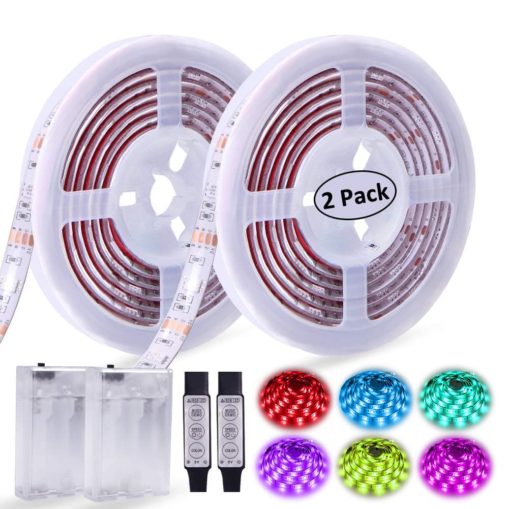 Battery Operated LED Strip Lights RGB Battery Powered Led Strip Lights 3 Keys Controller 13.2FT/4M Color Changing Flexible Light for PC TV Mirror Kitchen Cabinet Shelves, Room Decor 2Pcs