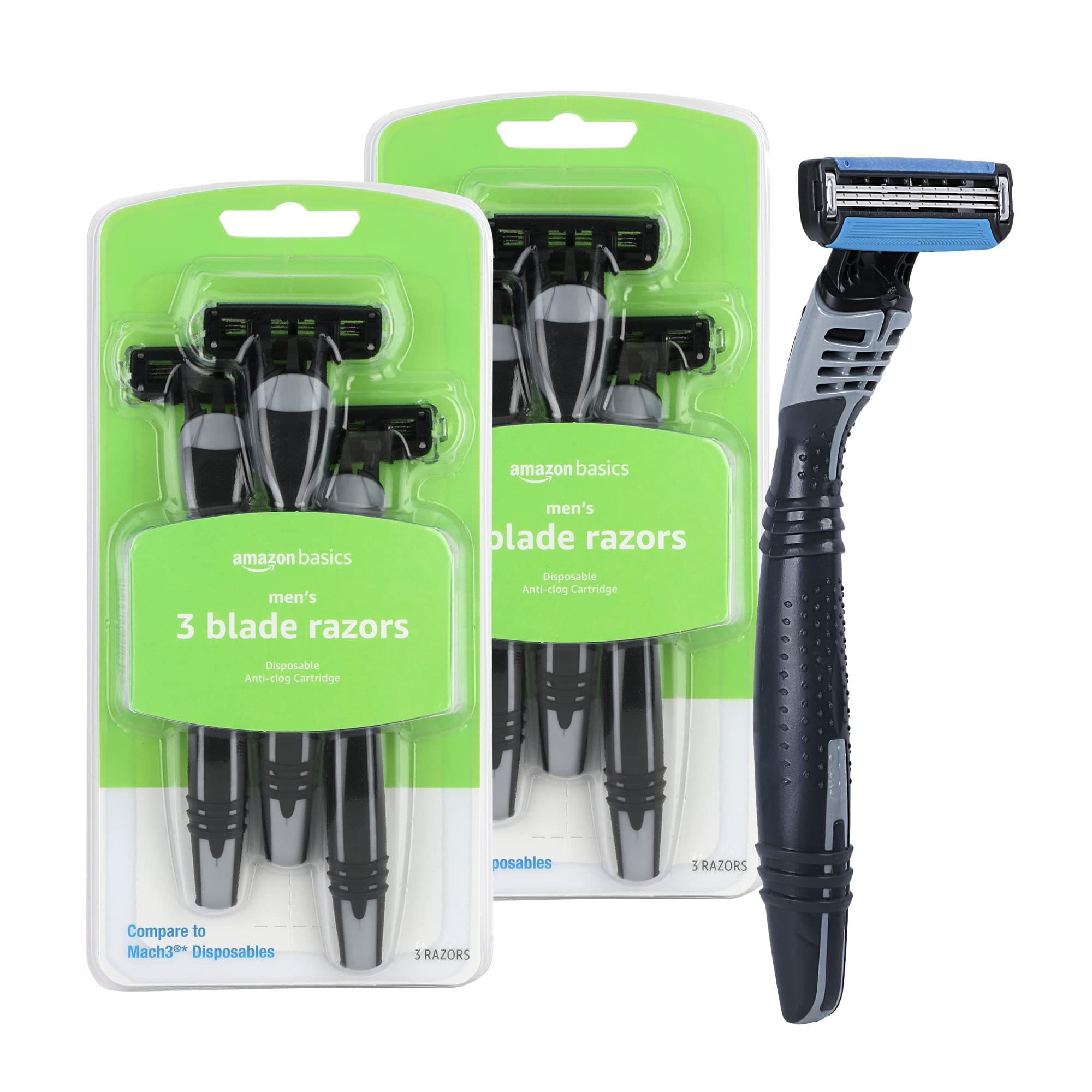 Amazon Basics 3-Blade Disposable Razors for Men, Close and Comfortable Shave, Reduces Irritation, 6 Count, 2 Packs of 3 (Previously Solimo)