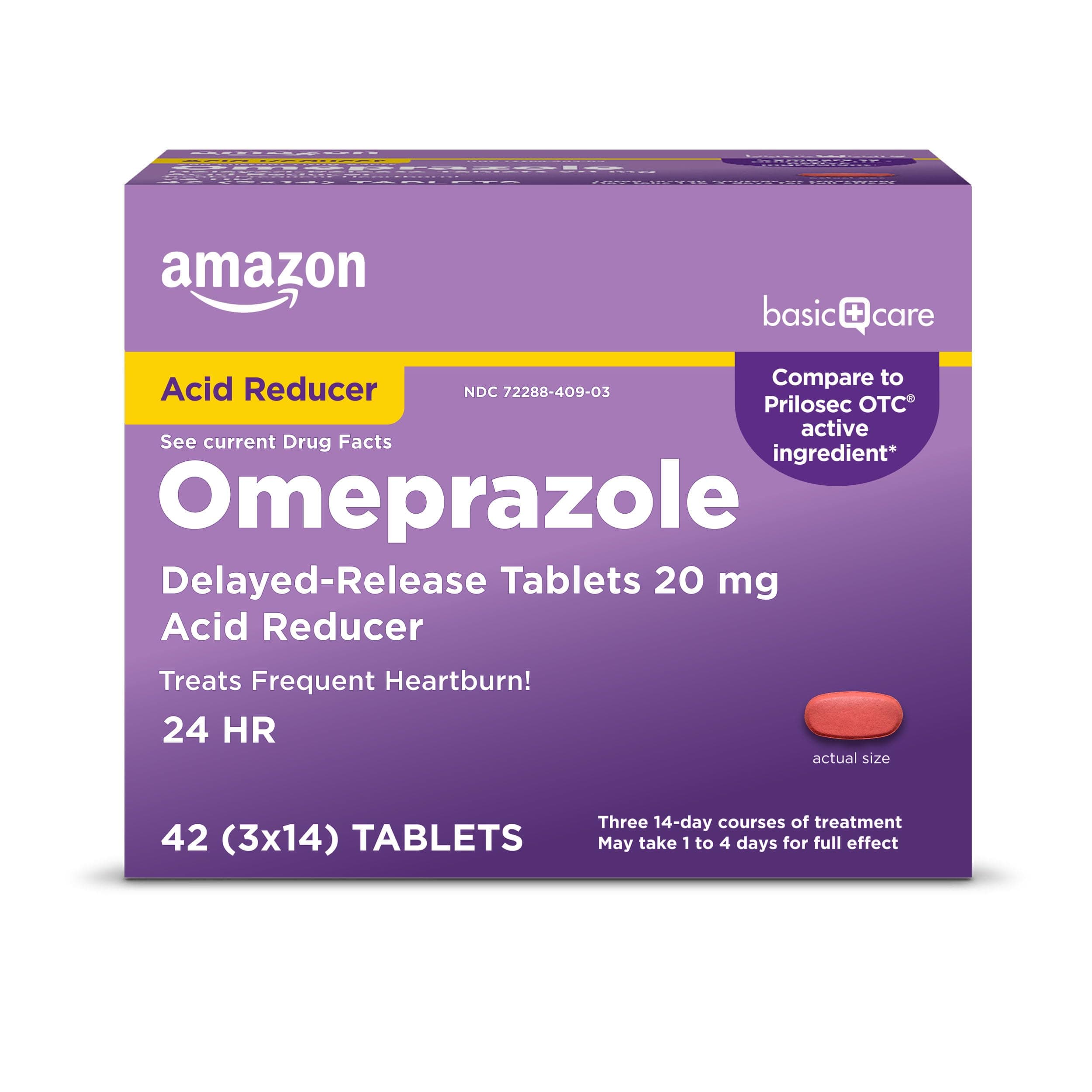 Amazon Basic Care Omeprazole Delayed Release Tablets 20 mg, Acid Reducer, treats frequent heartburn,, Cream, Regular, 42 Count (Pack of 1), 42 Count,