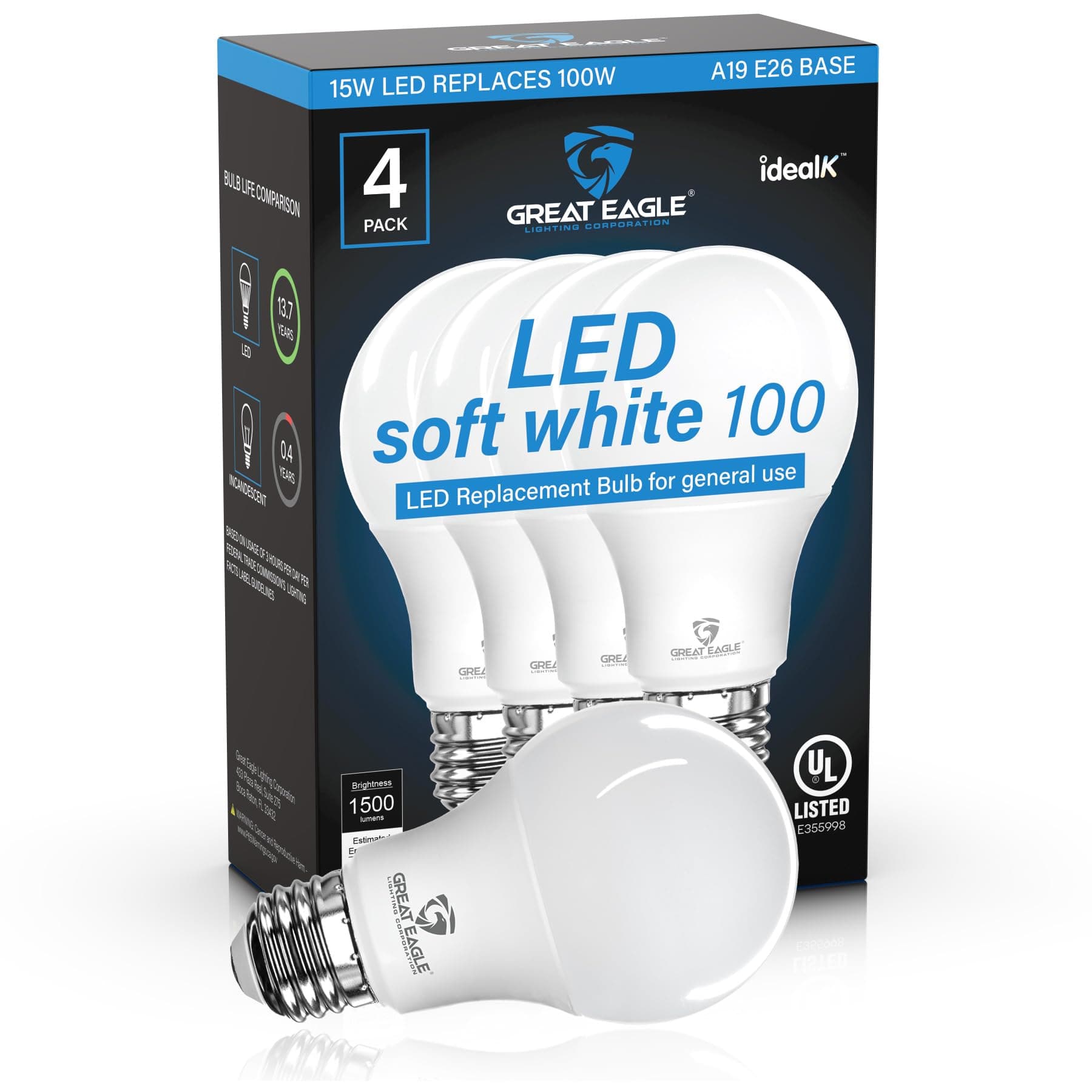Great Eagle A19 LED Light Bulbs 100 Watt Equivalent - UL Listed - Soft White 3000K LED Light Bulbs, 15W Non-Dimmable, 1500 Lumens (4 Pack)