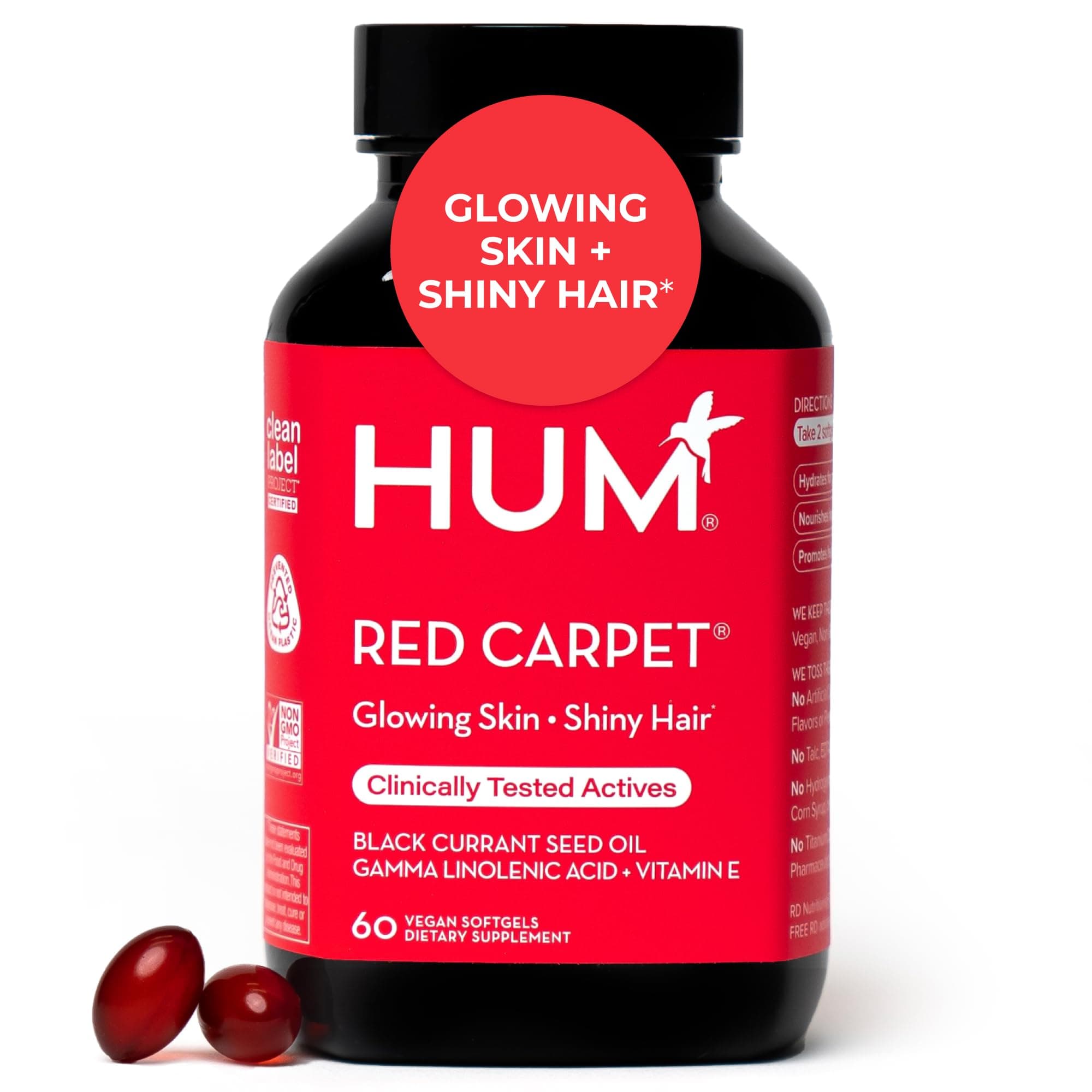 HUM Red Carpet - Skin & Hair Supplement - Black Currant Seed Oil for Glowing Skin & Strong Thicker Hair with Vitamin E & Omegas 3/6 - Hair Growth Vitamins for Women (60 Vegan Softgels)
