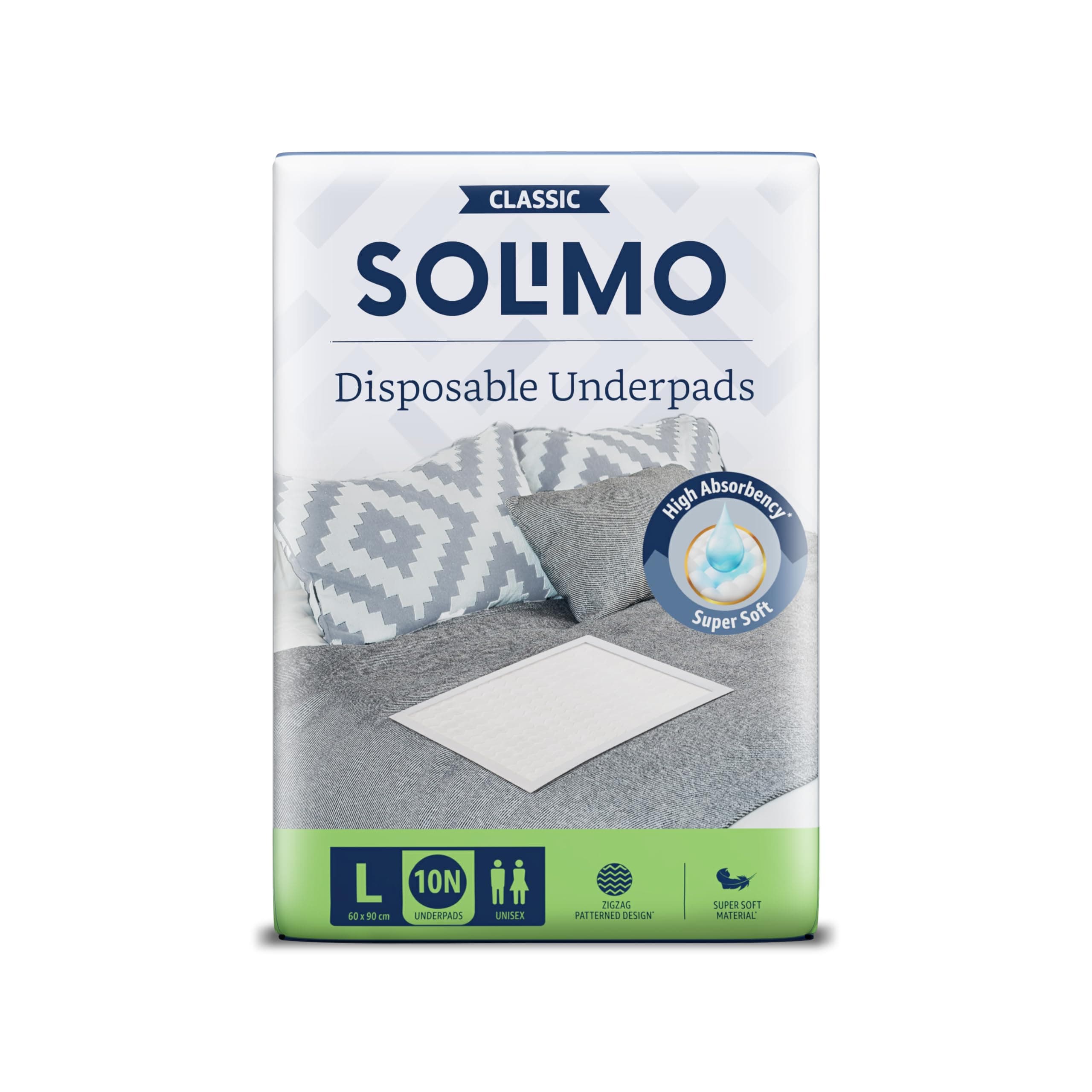 Amazon Brand - Solimo Classic Disposable Underpads | Large Size | Count 10 | 90 X 60 cm | High Absorbancy | Super Soft | Unisex | for Men & Women