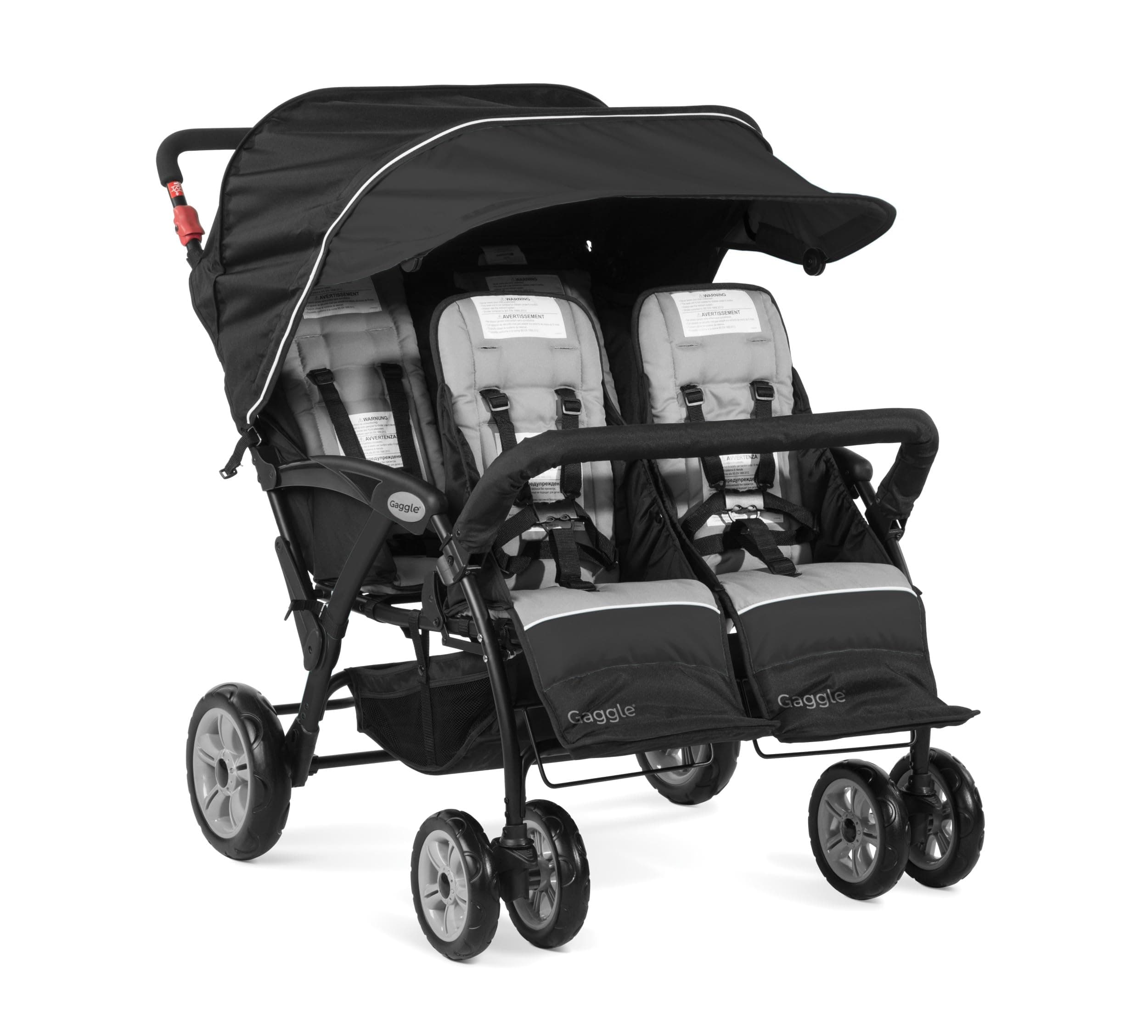Gaggle by Foundations Compass Quad Stroller - 4 Seat Stroller Wagon for Daycare & Preschool | Foldable, Sun Canopy, 5-Point Harness, Large Storage - Black