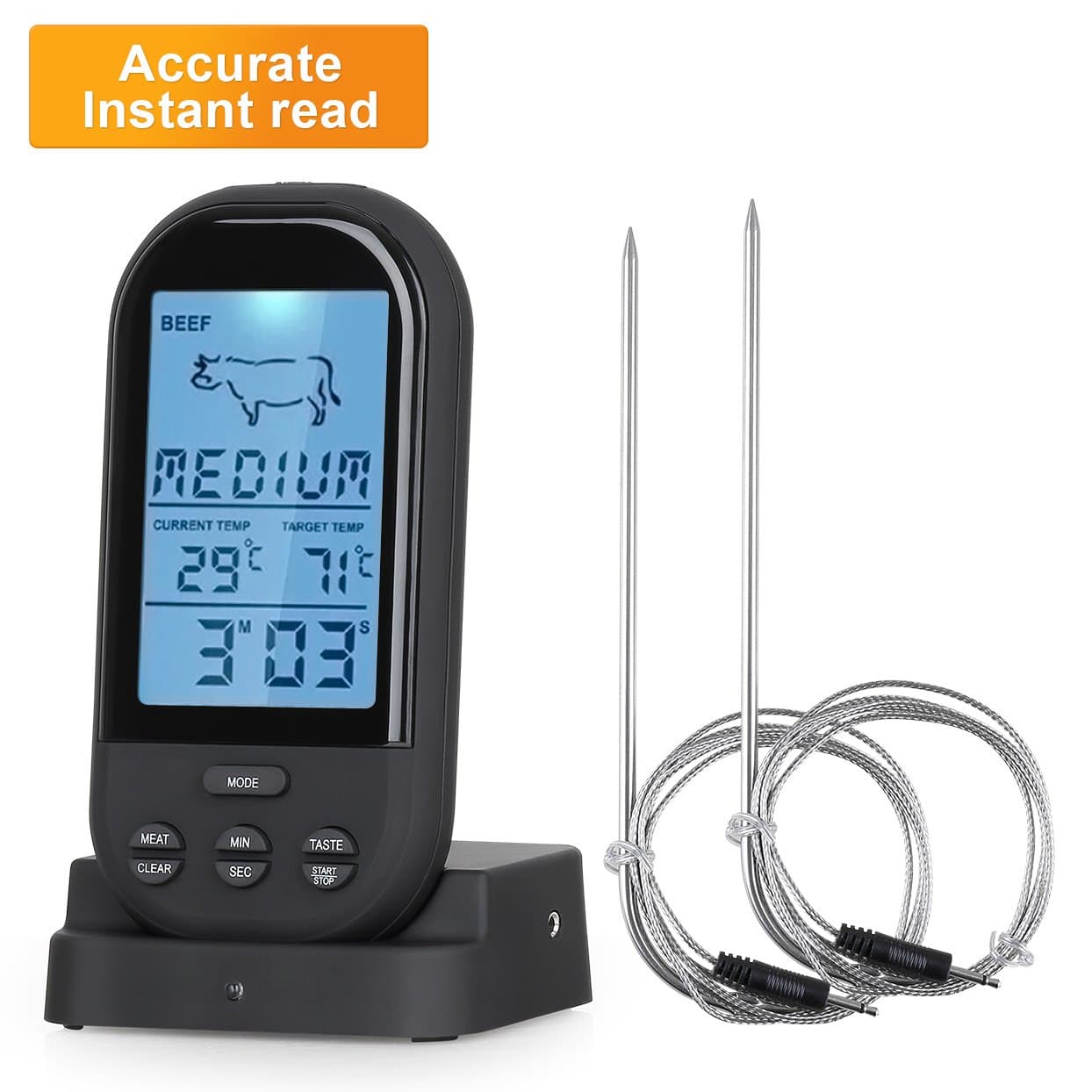 Buysevenside Wireless Meat Thermometer With Digital LCD,Clock Timer and Dual probes for Grill Smoker Kitchen Cooking BBQ Turkey, 300 Feet Range Remote Control (Black)