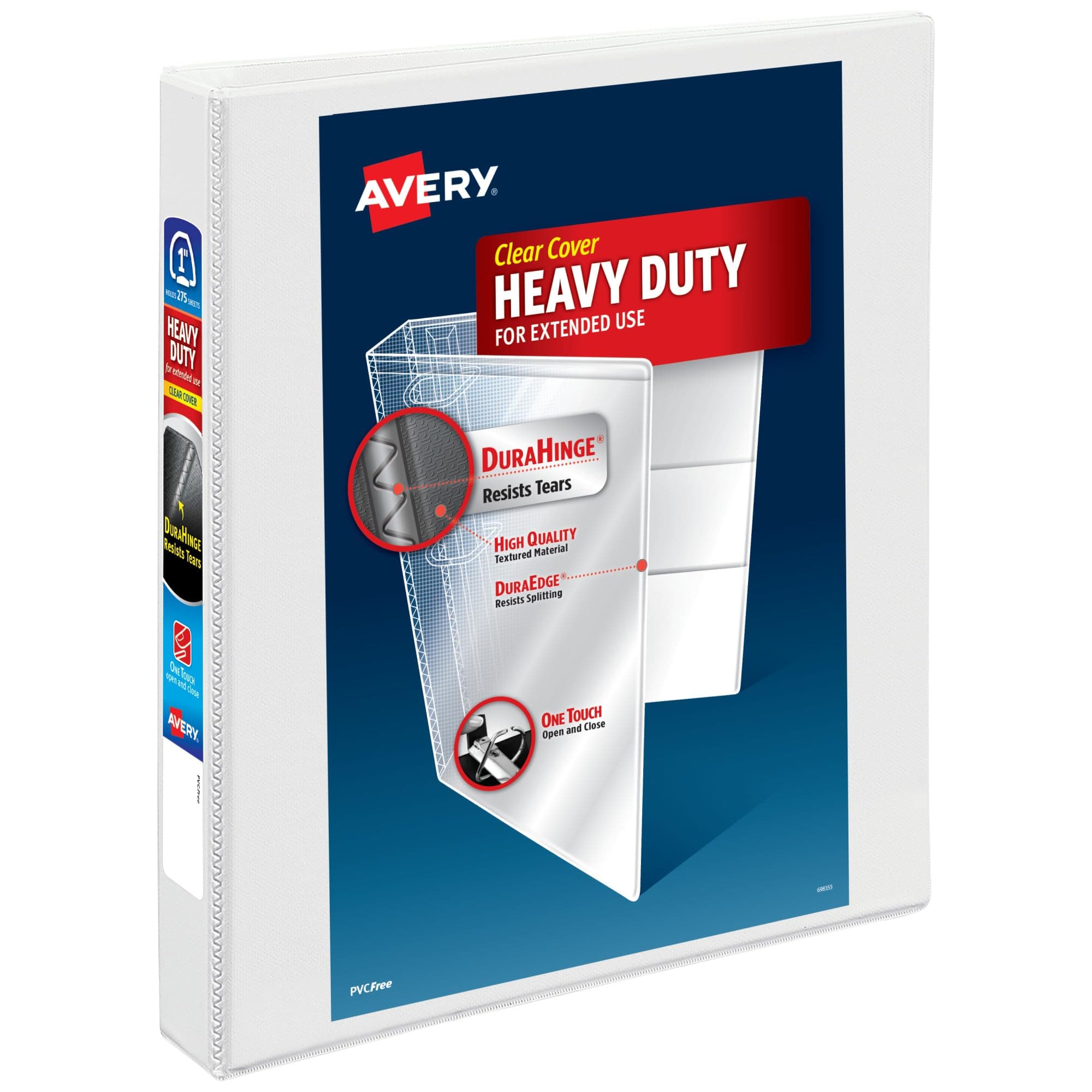 Avery Heavy-Duty View 3 Ring Binder, 1" One Touch EZD Rings, 275-Sheet Capacity, 1.4 Inch Wide Spine, Great for Home, School Supplies, Office, or Organization Needs, 1 White Binder (79199)