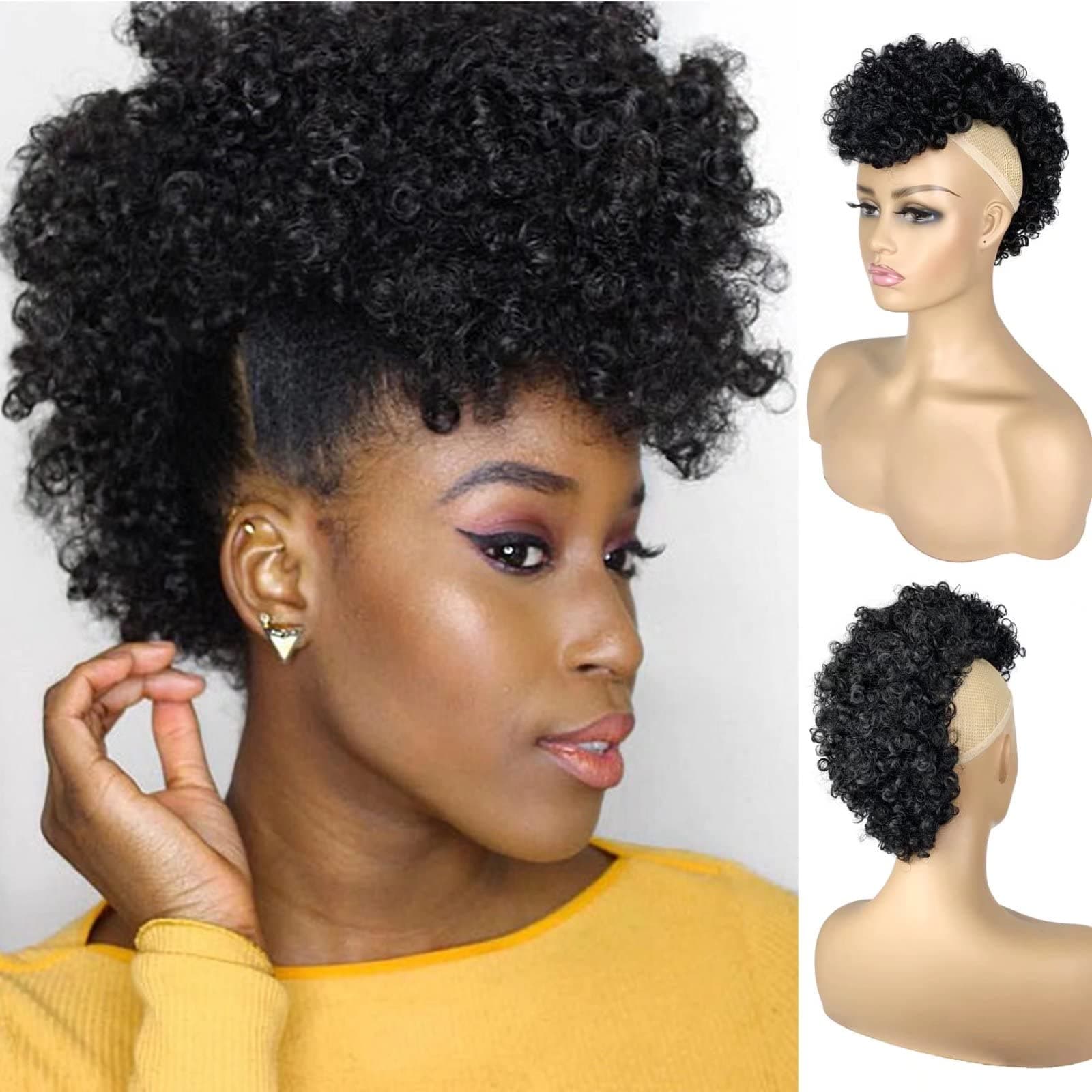 Afro Puff Mohawk Ponytail Jerry Curly Non Drawstring Ponytail Clip in Synthetic Fauxhawks Afro Puff Bun with Bangs Short Afro Kinky Curly Hair Bun Warp Hair Extensions with 6 BB Clips 1B