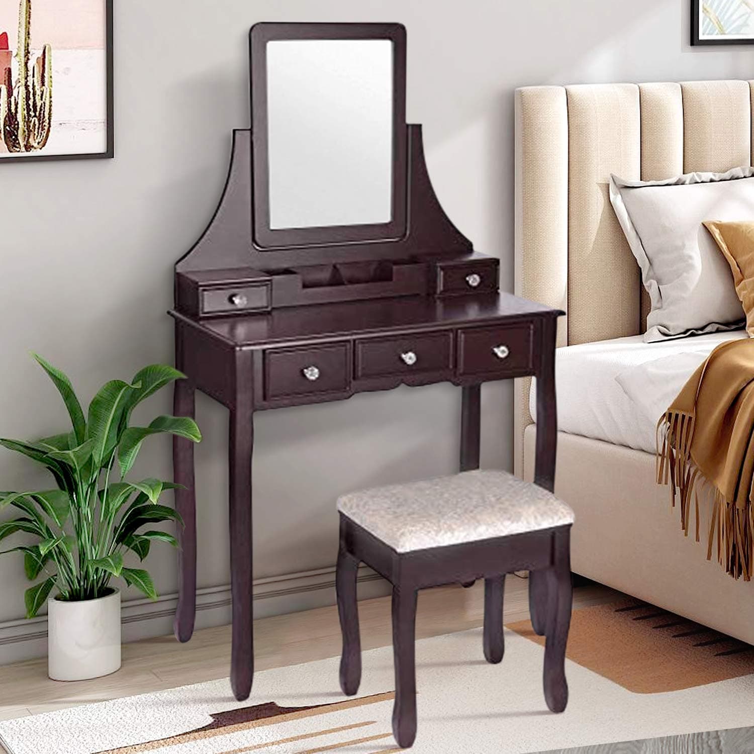 PDTXCLS Vanity Set, Vanity Table with Mirror and Cushioned Stool, Makeup Vanity with 3 Large Sliding Drawers, Removable Organizer, Makeup Table Dressing Table Easy Assembly