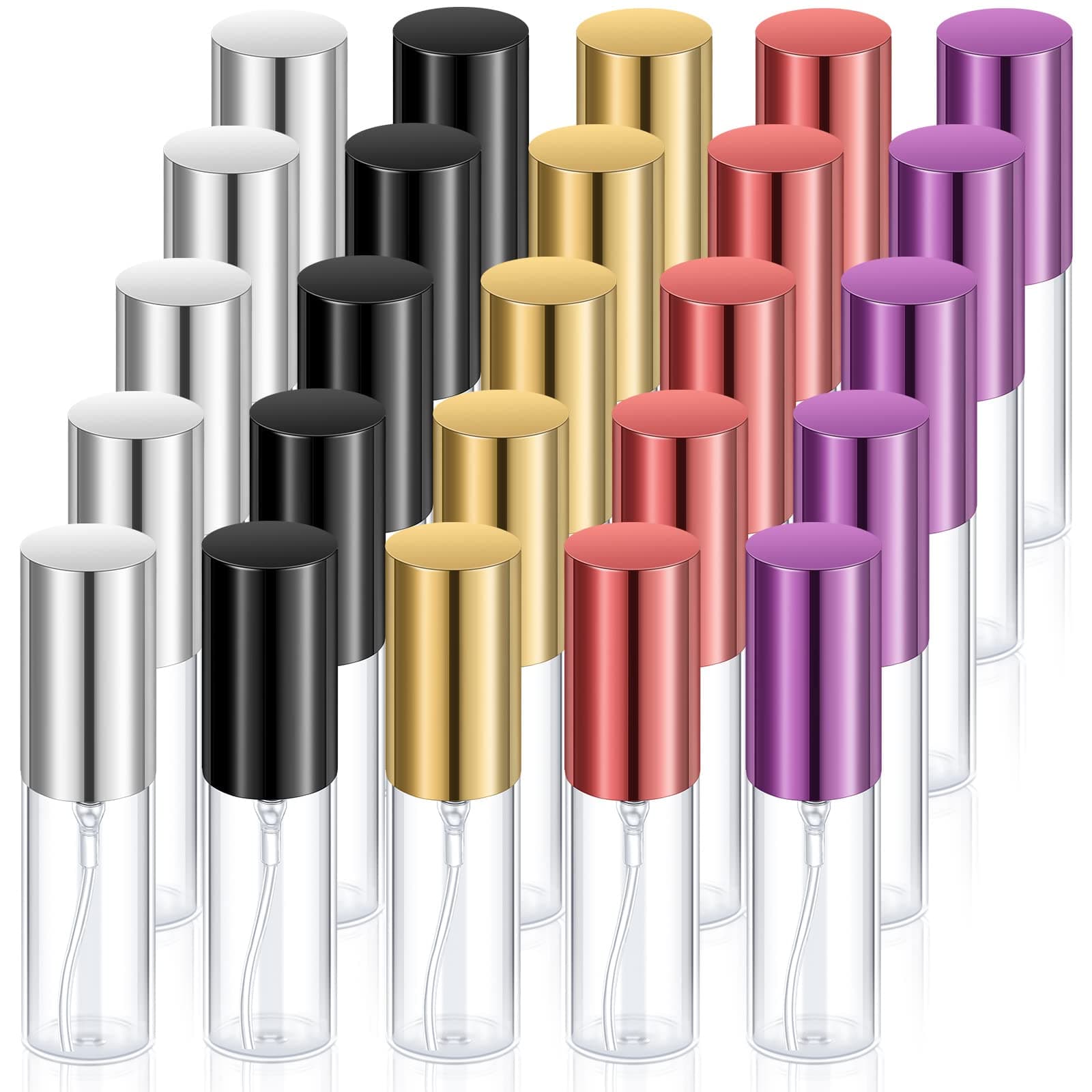 Yinder 25 Pcs 5ml Travel Spray Bottle Refillable Perfume Atomizer Bulk Glass Mini Cologne Perfume Bottles Empty Fine Mist Portable Small Sample Containers(Black, Red, Purple, Gold, Silver)