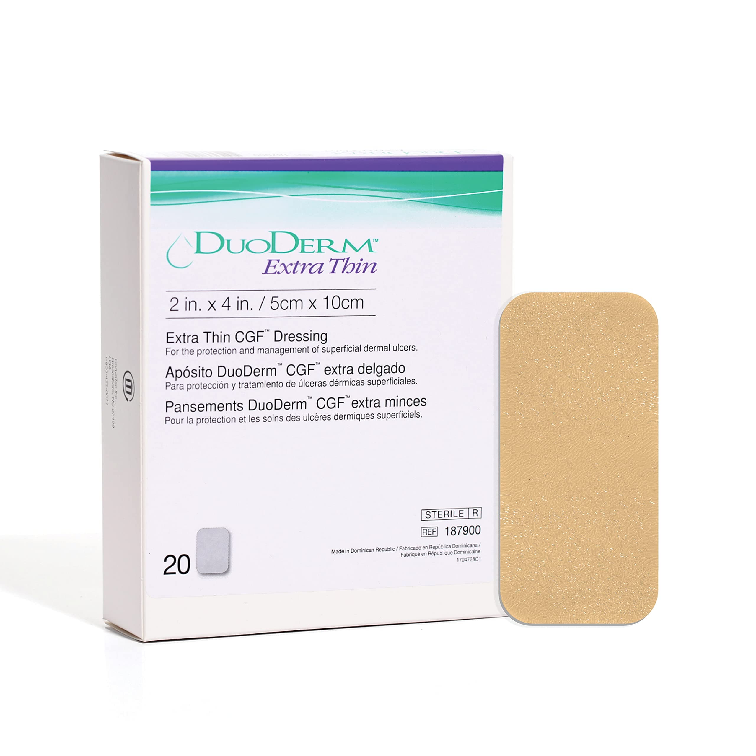 ConvaTec DuoDERM Extra Thin Control Gel Formula 2"x4" Hydrocolloid Sterile Adhesive Dressing for Superficial Wounds, Low Friction, Flexibile, Latex-Free, Waterproof, Rectangle, Beige, 20ct Box