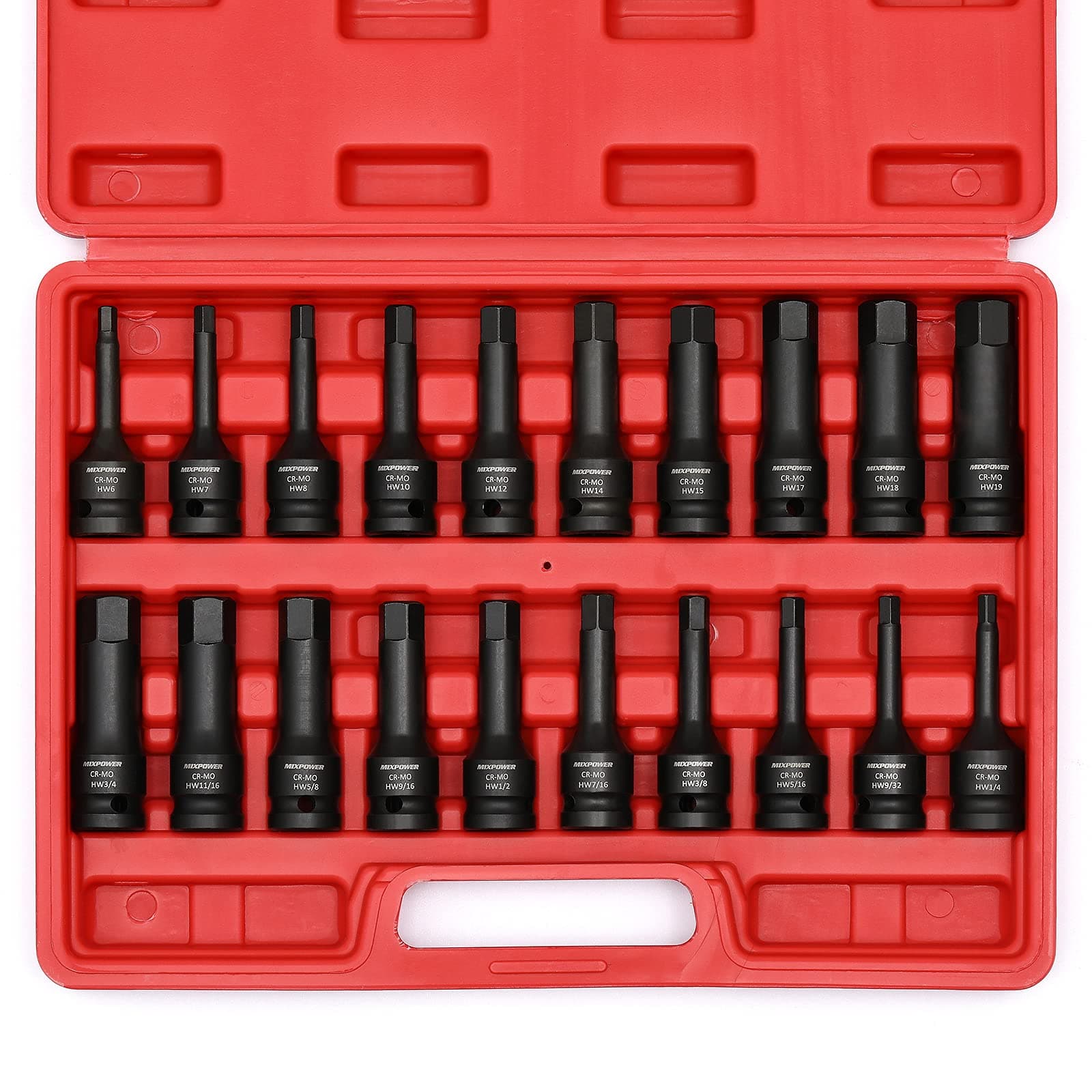 1/2" Drive Master Impact Hex Bit Set, Hex Driver, 20-Piece 1/2" Drive Allen Bit Socket Set, SAE/Metric, 1/4" - 3/4", 6-19mm, Cr-Mo Steel, Impact Grade