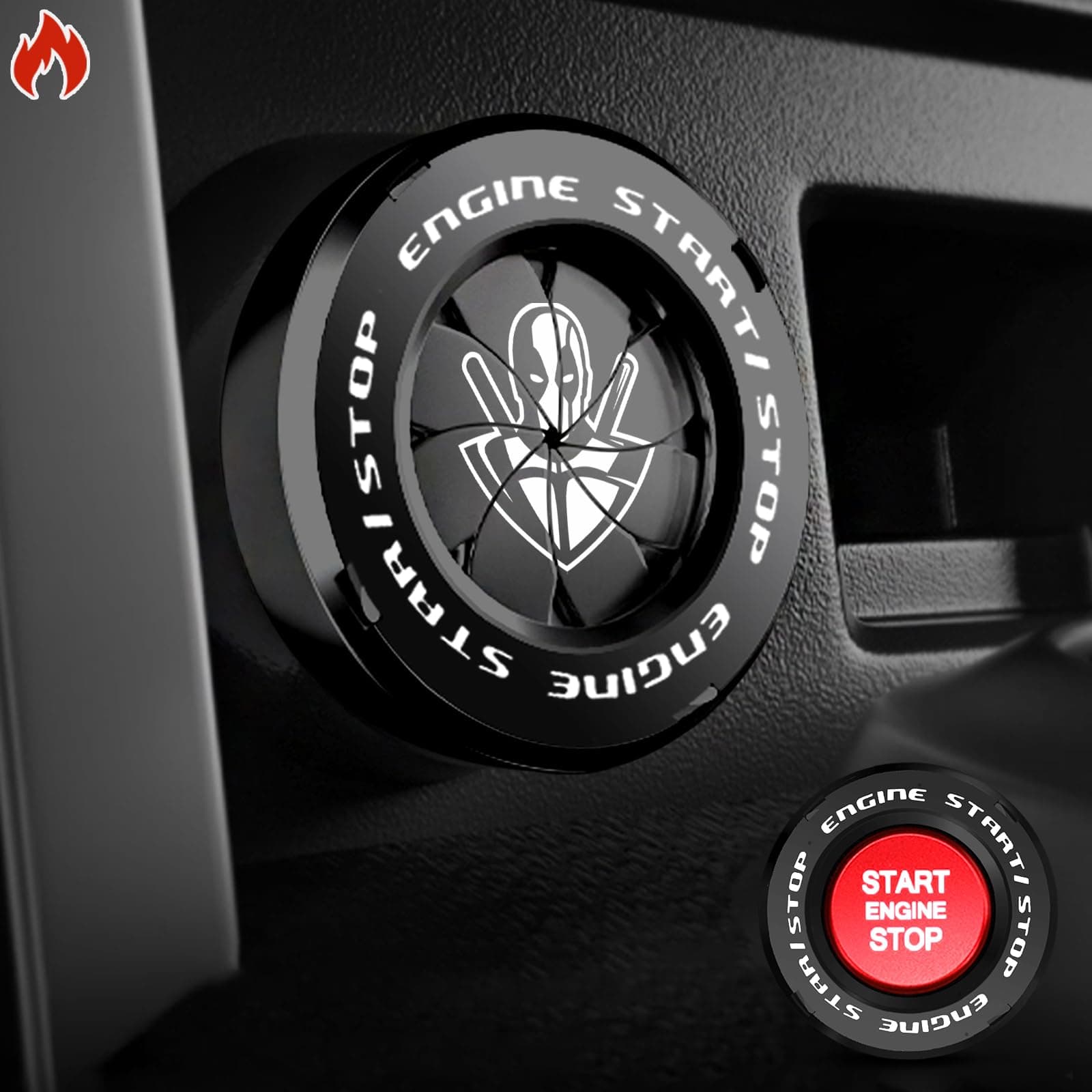 - Rotary Push Start Button Cover, Dedpool Car Accessories Engine Start Stop Button Cover, Car Stickers Interior Decor, Motorcycle Ignition Key Switch Cover, Black