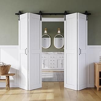 Bifold Barn Door 72" x 84", MDF Bi-Fold Sliding Closet Doors with Hardware Kit Included, Pre-Finished Easy Assembly, Water-Proof PVC Surface & Save Space, H-Frame, 80" Track for 4 Doors,White
