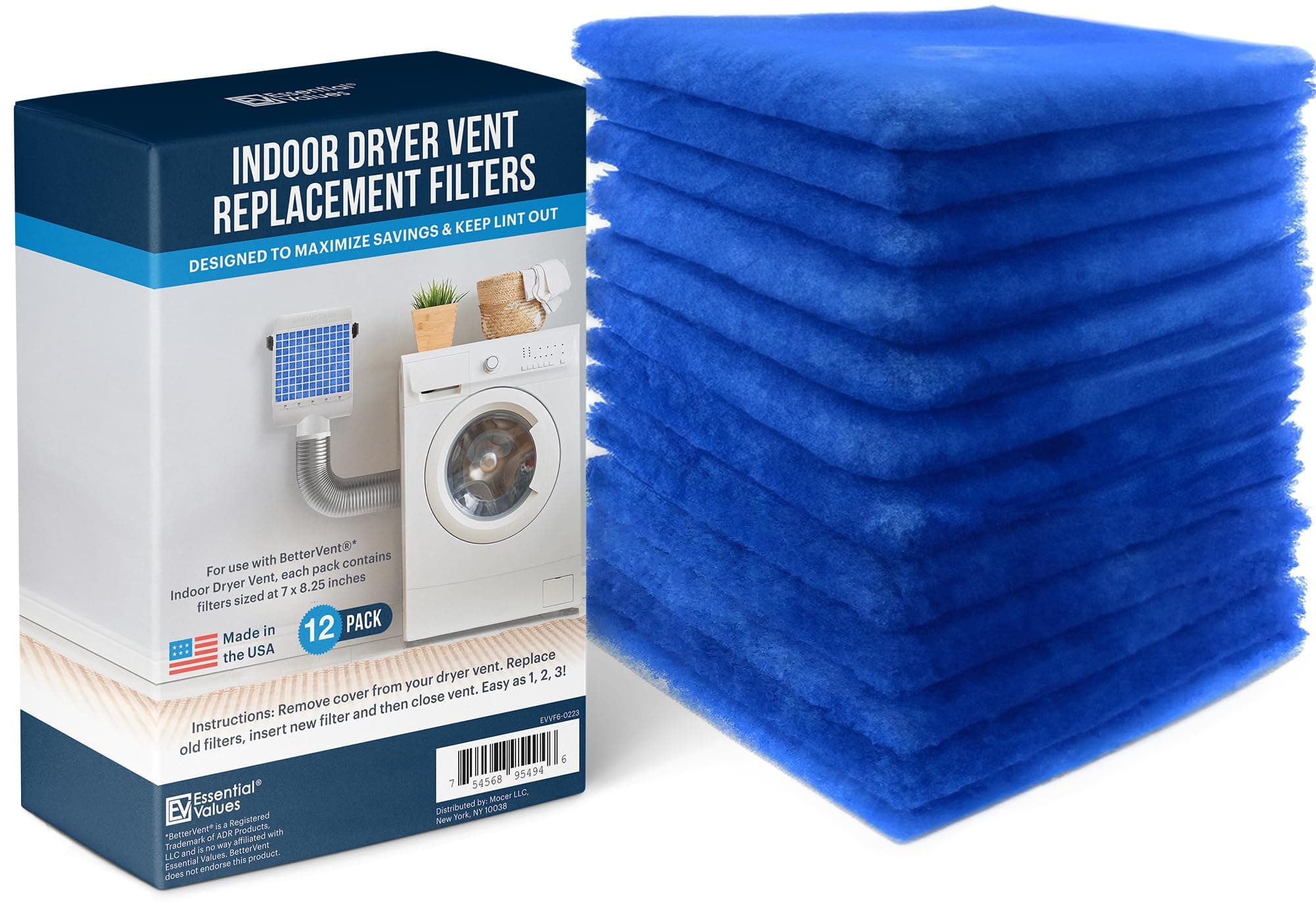 Essential Values 12 Pack Dryer Filter Replacement - Compatible with Better Vent Indoor Dryer Vent (60 Dryer Loads Total)