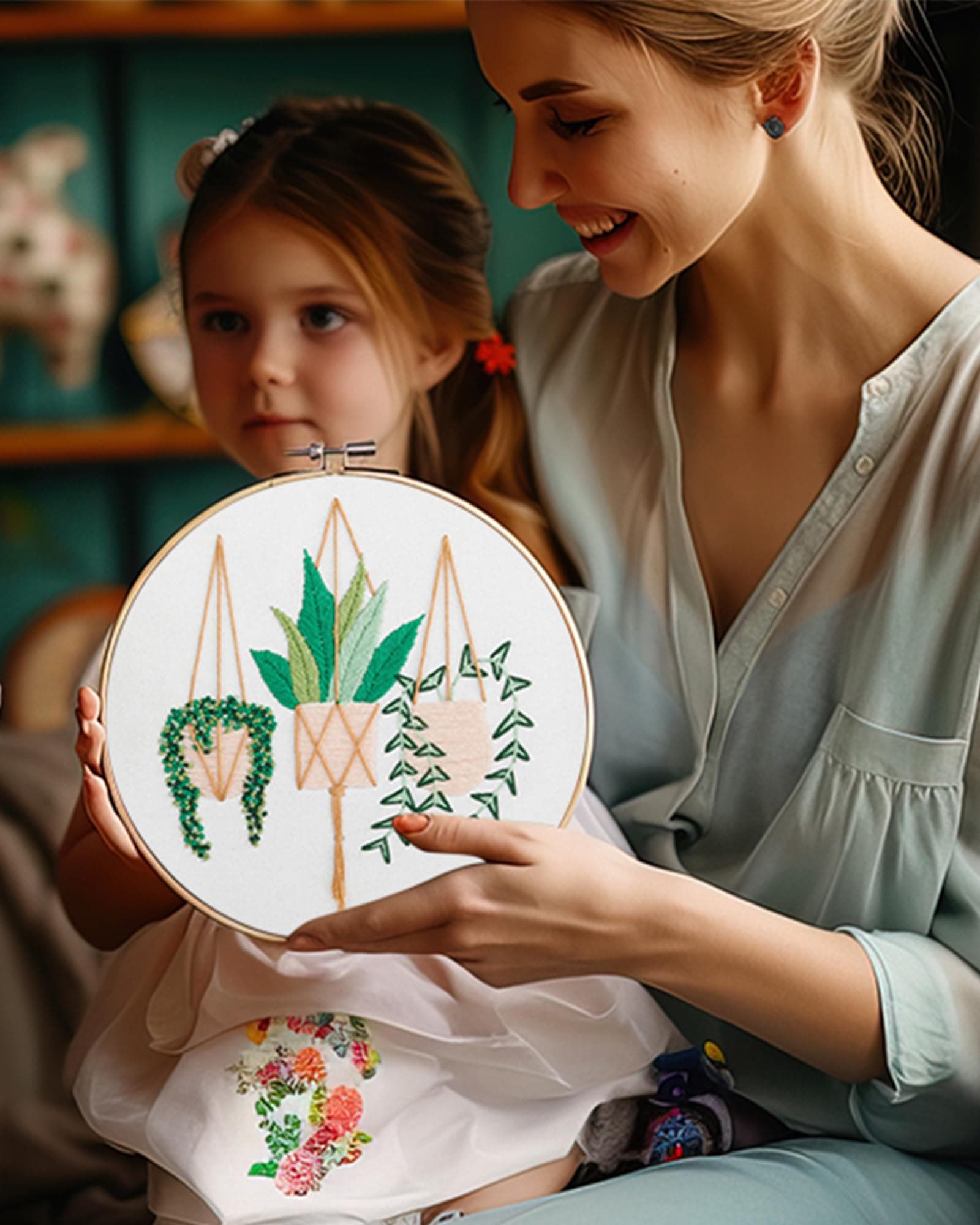 Santune 3 Sets Embroidery Starter Kit with Pattern and Instructions, Cross Stitch Set, Stamped Embroidery Kits with 3 Embroidery Clothes with Pattern, 1 Embroidery Hoops