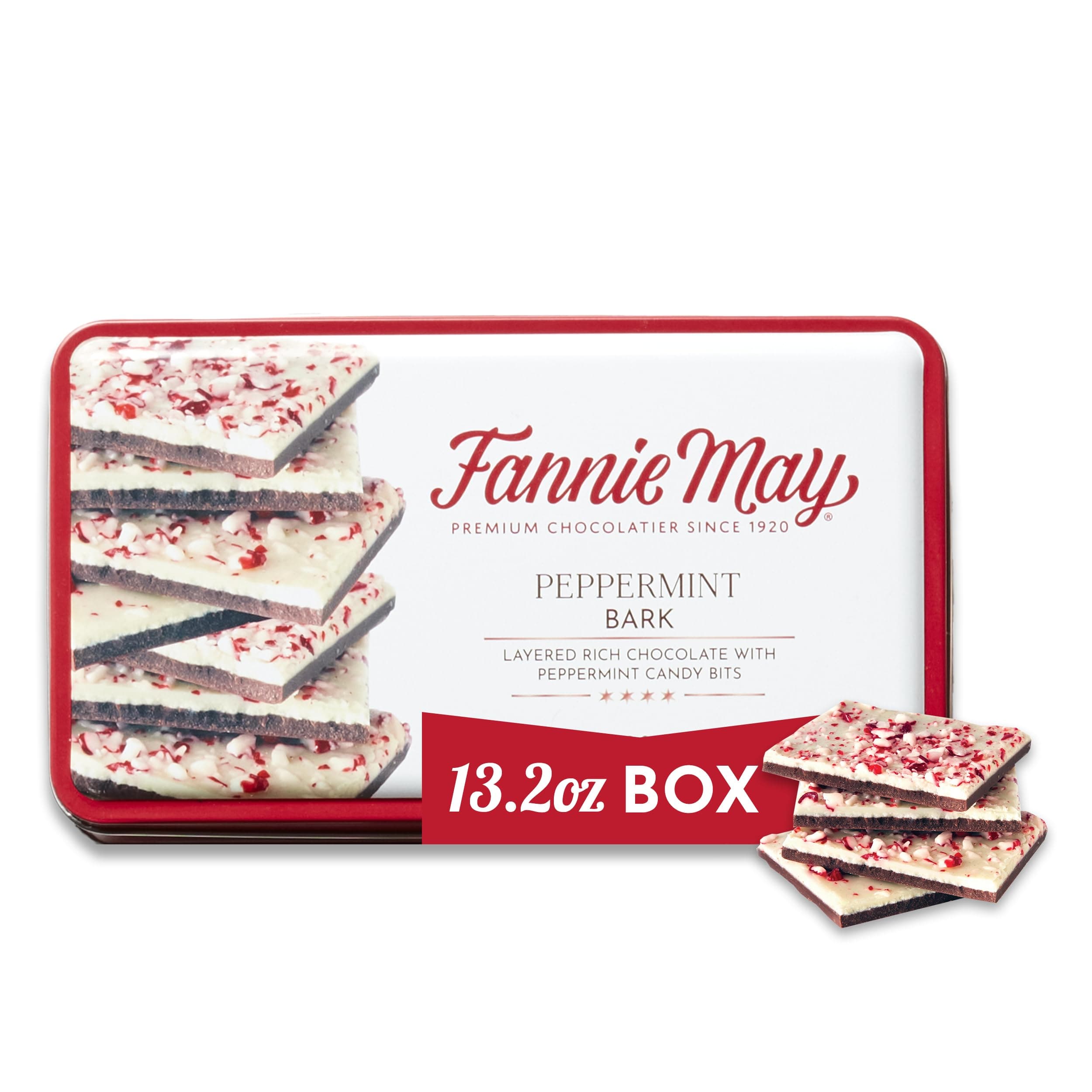 Fannie May Premium Rich Chocolate Peppermint Bark Holiday Gift Tin, Gourmet Christmas Chocolate Gift, 13.2 oz