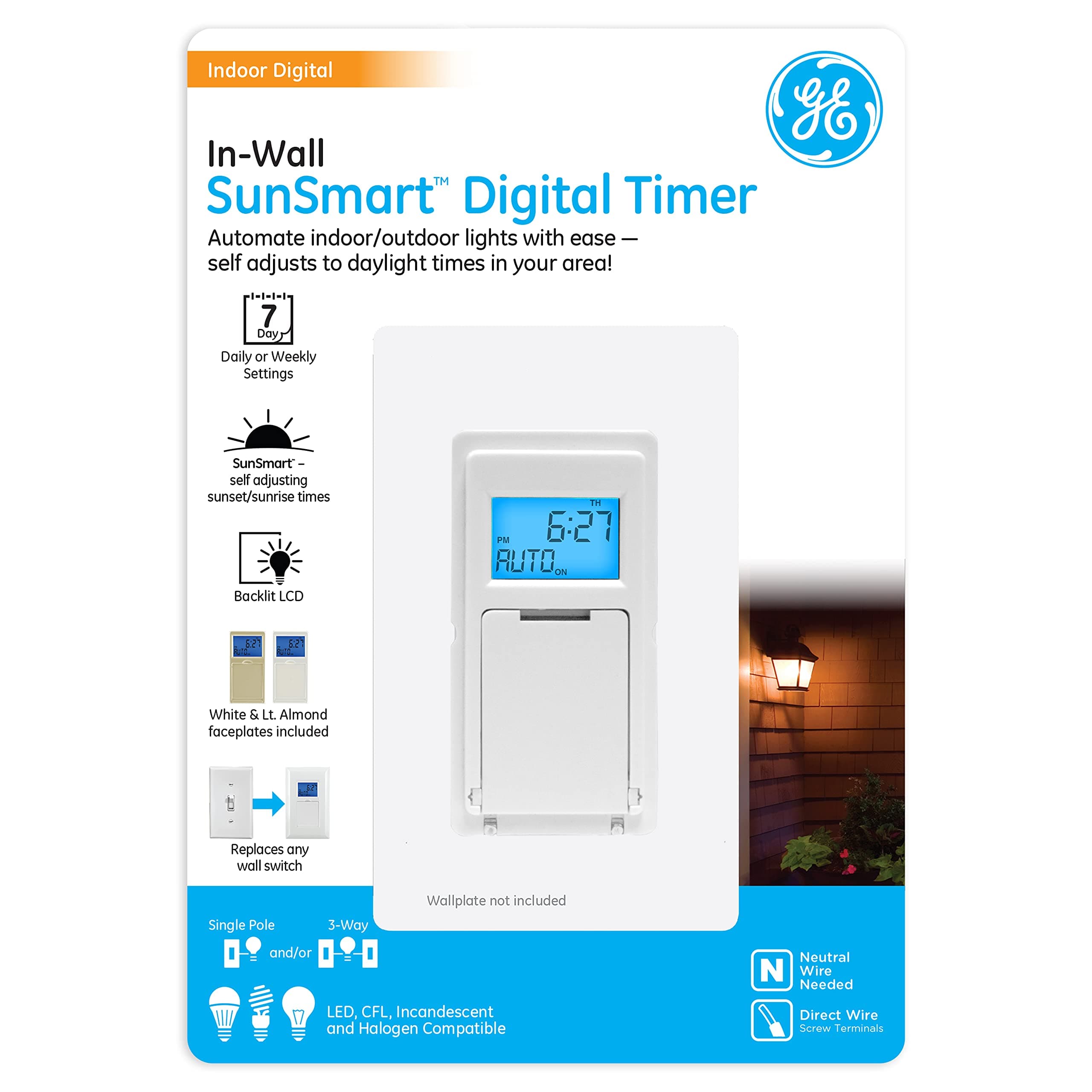 SunSmart 7-Day in-Wall Digital Timer Switch, Auto Sunrise/Sunset, Weekly Programmable, Security, Countdown, Single-Pole/3-Way, Neutral Wire Required, White or Light Almond, 32787