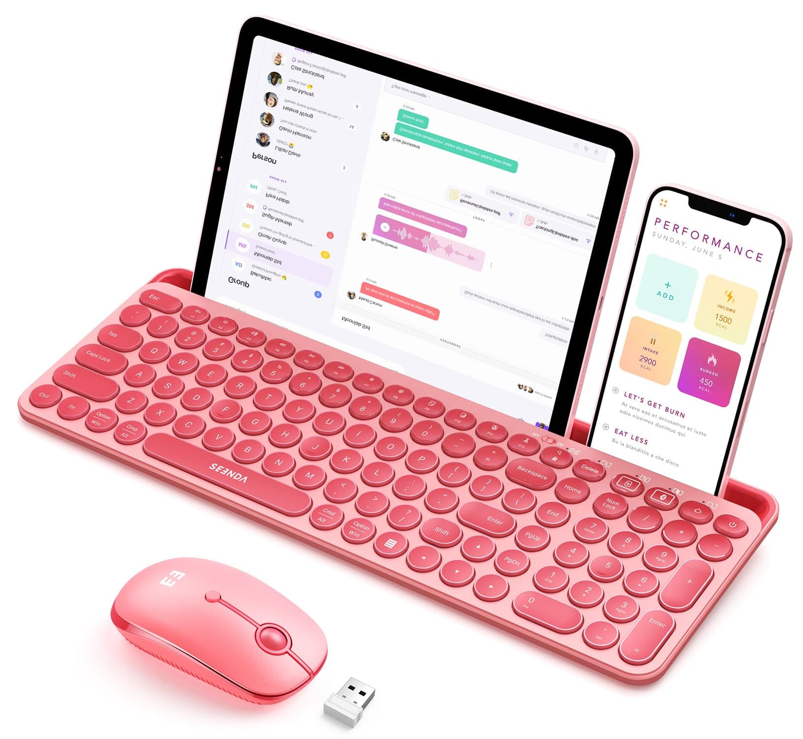 seenda Bluetooth Keyboard and Mouse for iPad, CTU-301 Wireless Multi-Device Connection Bluetooth+2.4G Keyboard Mouse Combo with Tablet Holder for iPad/MacBook/Windows, iOS/Andriod/Phone, Coral Pink