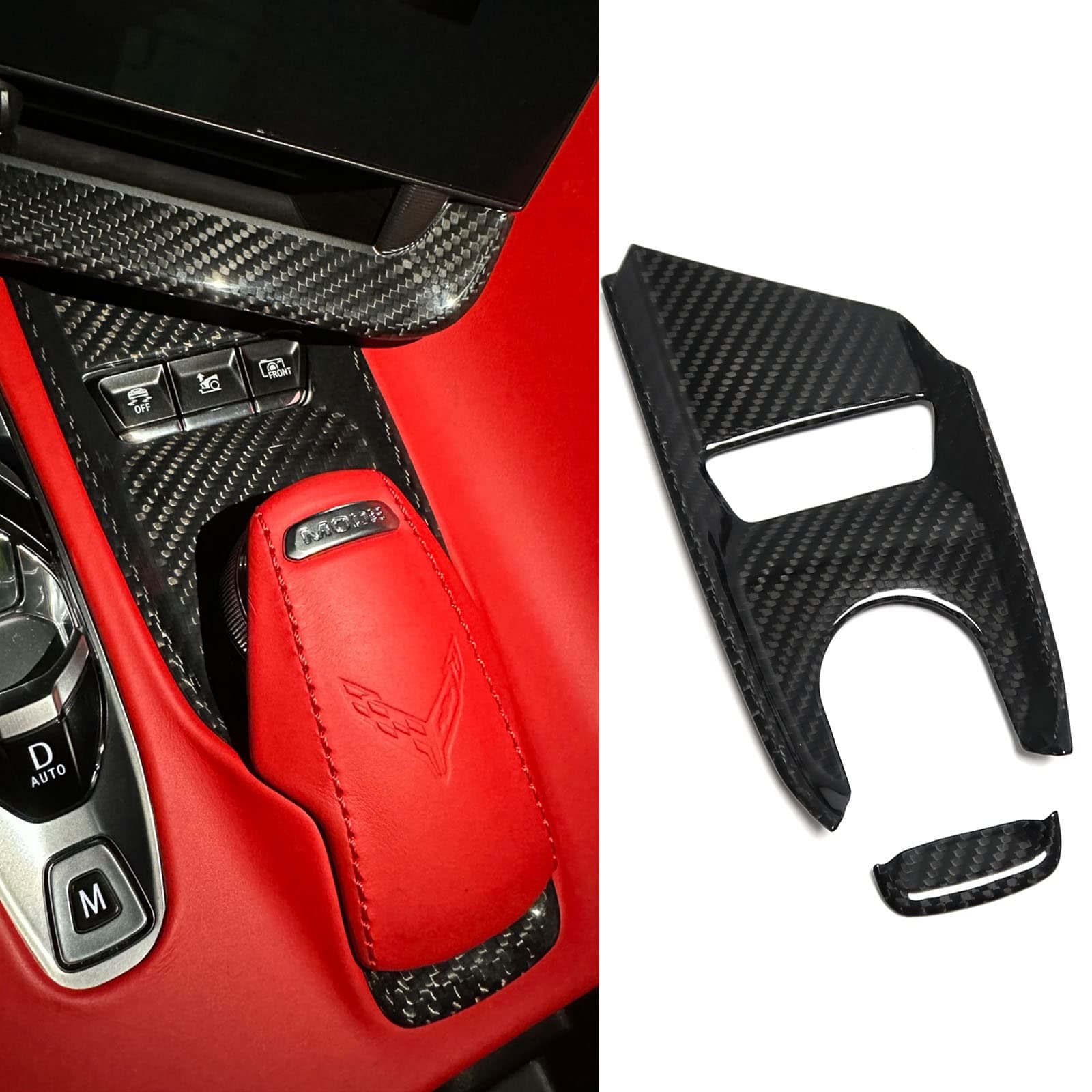 2pcs Car Console Drive Mode Selector Knob Control Overlay for C8 Corvette 2020 2021 2022 2023, Genuine Carbon Fiber Gear Base Trim