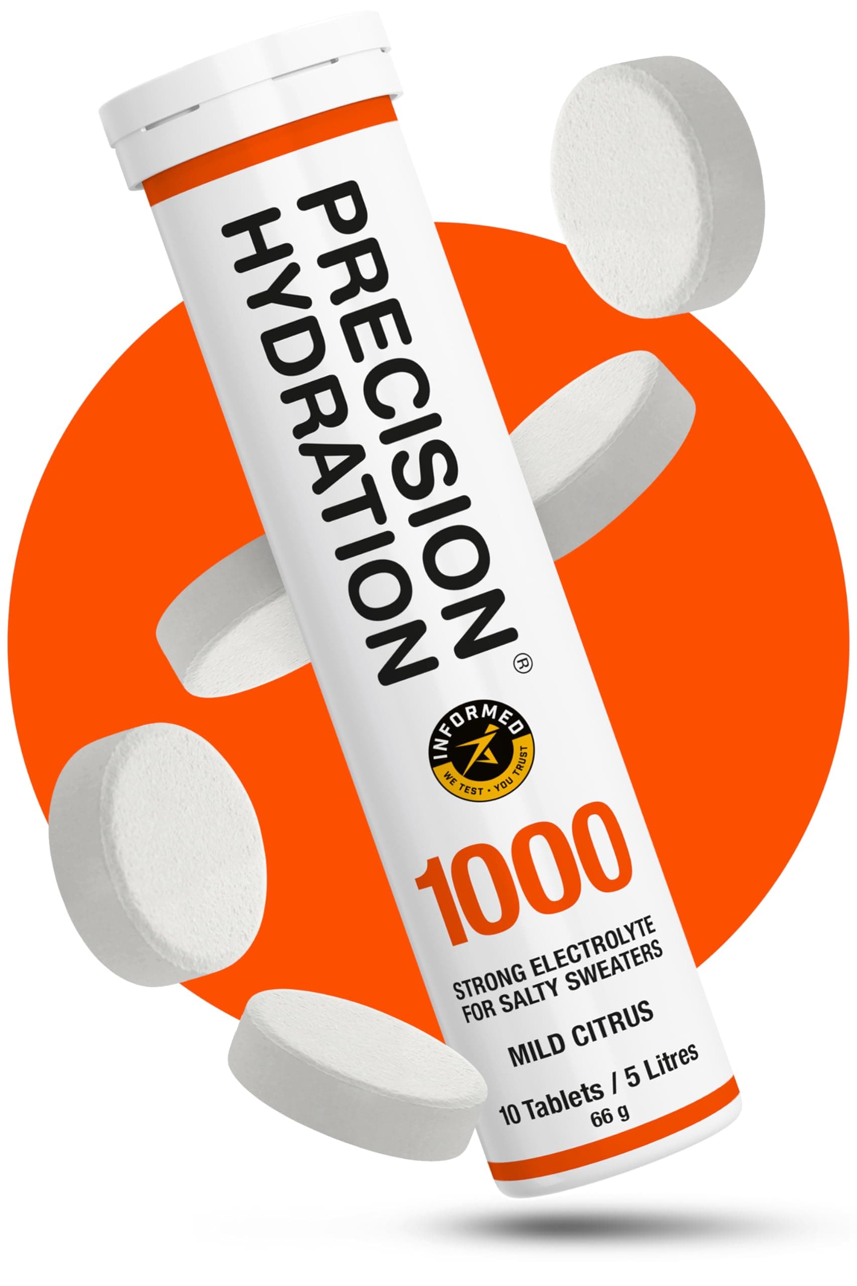 Precision Hydration Electrolyte Tablets - Multi Strength Effervescent Hydration Tablets - Combats Cramp - Low Calorie, Gluten Free, Vegan/Vegetarian Friendly (1 Tube, 1000mg/L - Orange Tube)
