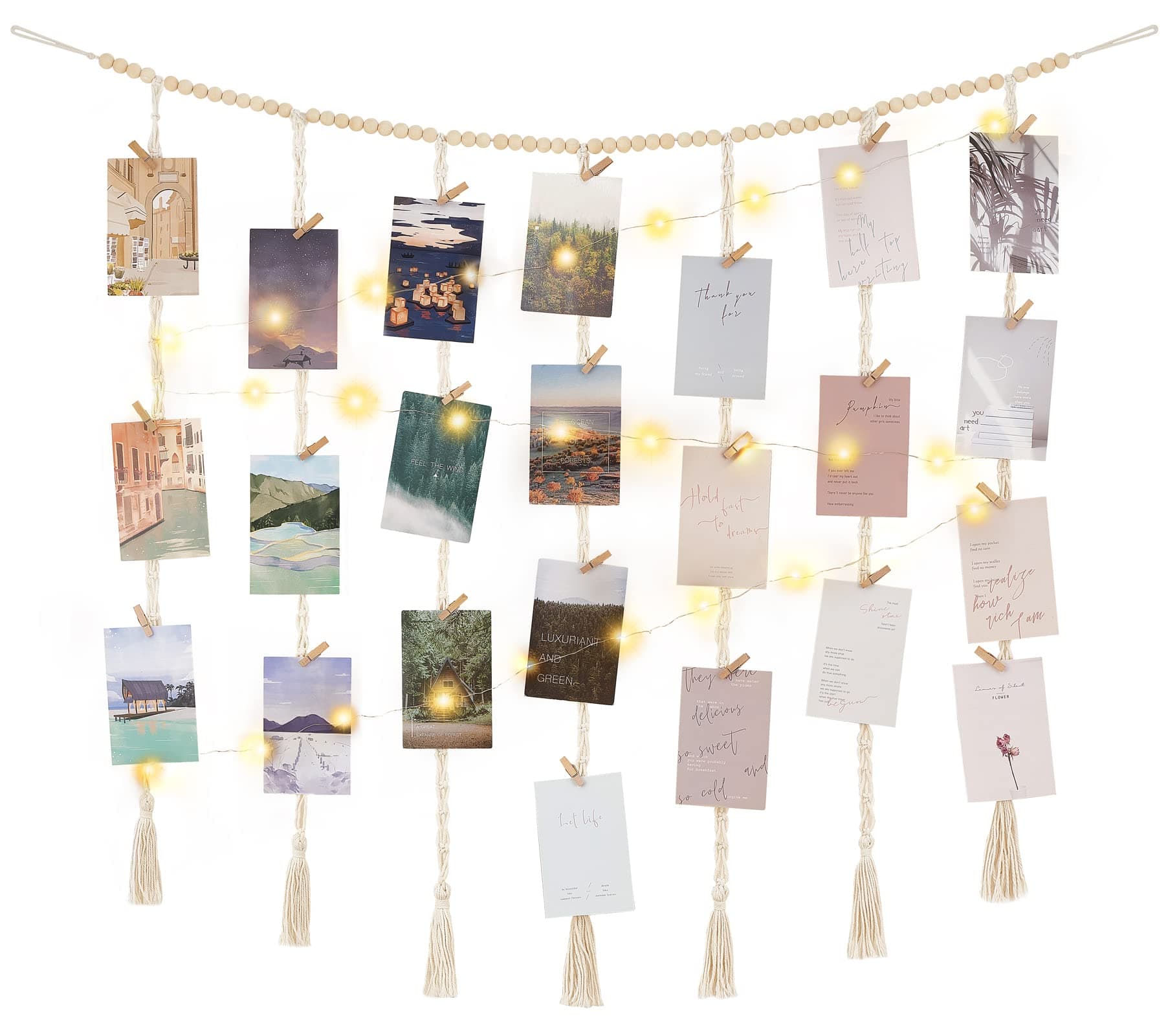 Mkono Macrame Hanging Photo Display Wall Decor with String Lights, Boho Wooden Beads Garland Collage Picture Card Frame Holder with 45 Clips for Bedroom Living Room Dorm, Teen Girls Christmas Gifts
