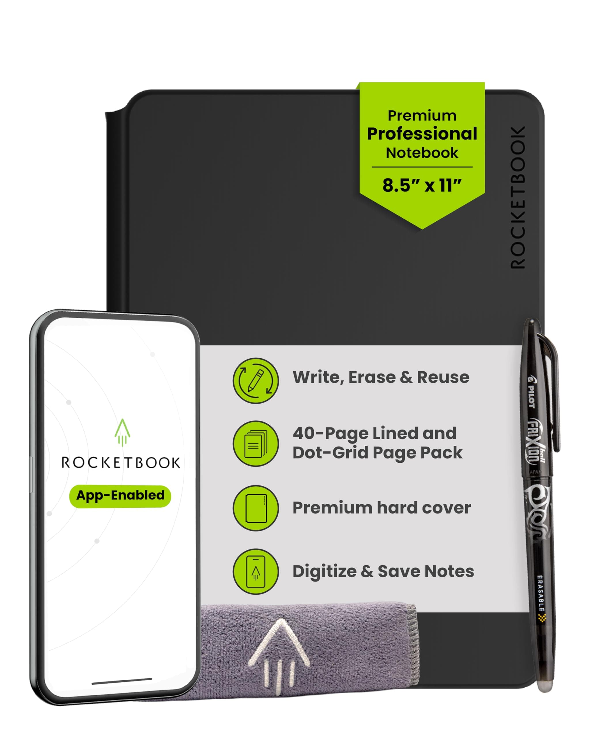 Rocketbook Pro 2.0 Reusable Digital Notebook - Smart Notepad - Black, with 20 Dotted & Lined Pages, Hardcover, with Pilot Frixion Pen & Microfiber Cloth, A4 Letter Size 8.5" x 11" - Office Gadget