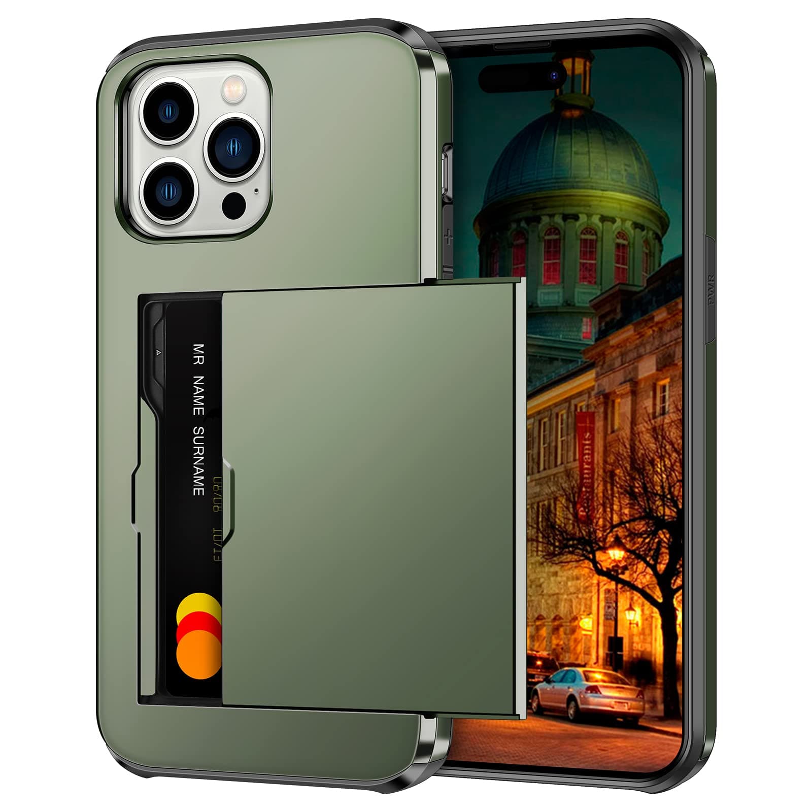 Coolden for iPhone 14 Pro Case Wallet Case Armor Shockproof Case Heavy Duty Protective Case Hard PC Back Soft TPU Bumper Card Holder Slot Wallet Case Cover for iPhone 14 Pro Phone Case (Army Green)