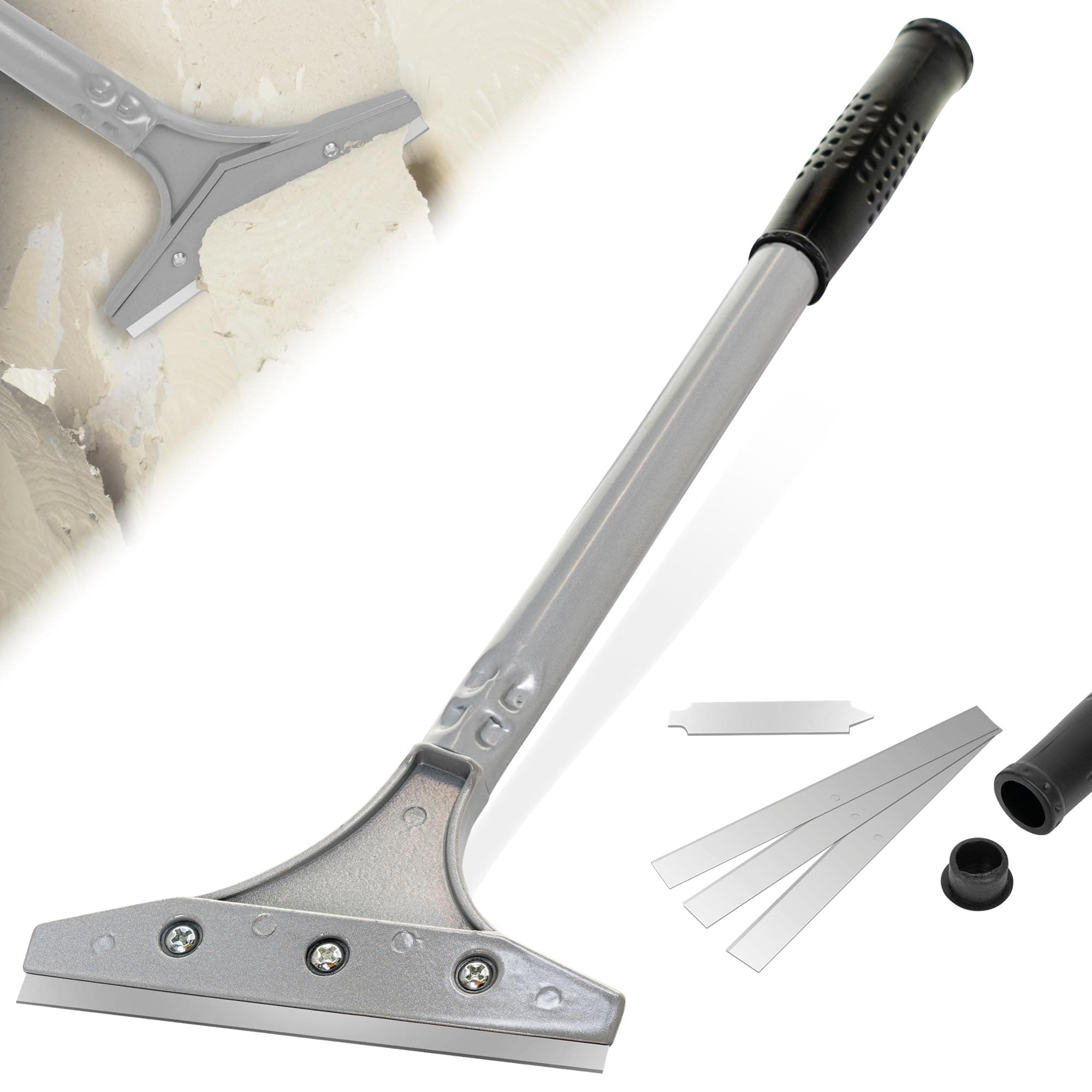 BLOSTM 5" Wallpaper Scraper - Long Handle Heavy Duty Scraper Tool with 5 Inch Wide Head & Soft Grip, Tile Scraper Removes Wallpaper, Vinyl Flooring, Tiles, Paint & More - Includes 3 Spare Blades