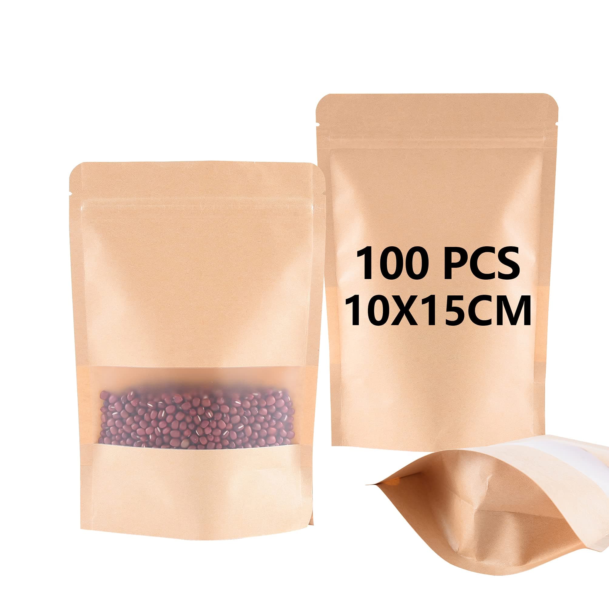 100pcs Kraft Paper Bag with Window(10x15x3.5cm), Resealable Stand up Pouch, Waterproof and Moisture-Proof, Reusable, Suitable for Dried Fruit Coffee Tea Seeds