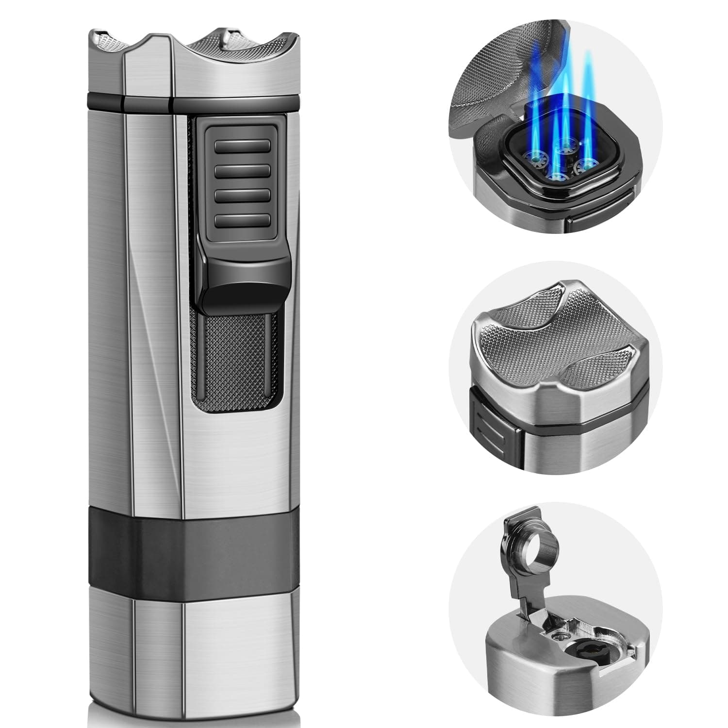 Torch Lighter, 4 Jet Flame Lighter Refillable Butane Windproof Lighter with Punch & Holder Gift for Men Women (Silver, Without Gas)