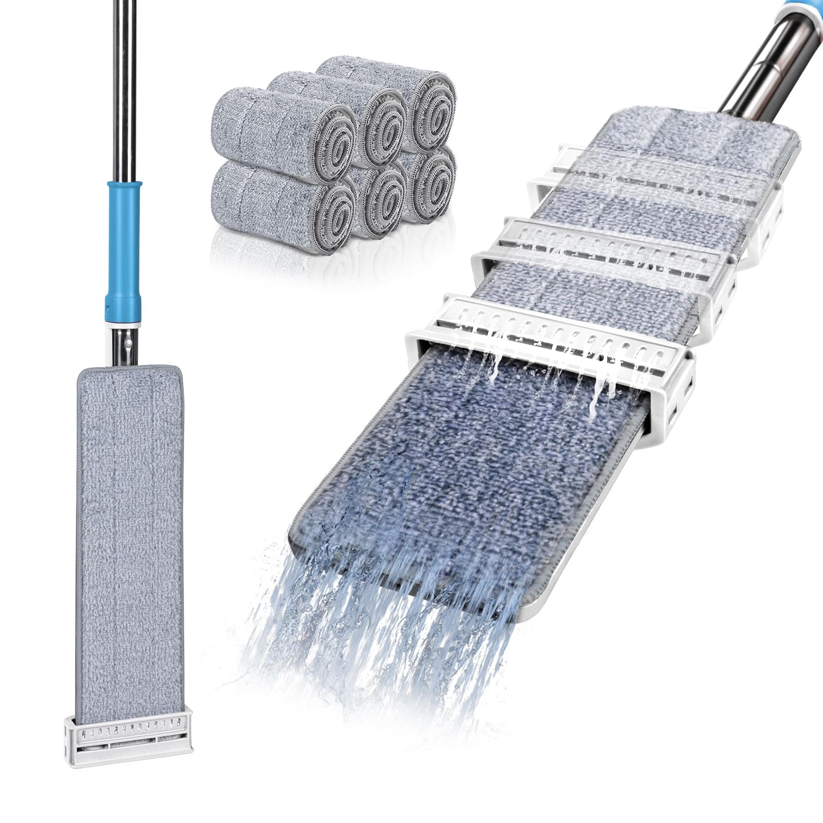 MASTERTOP Microfibre Floor Mop, Flat Floor Mop with Self Wringing, Hands Free Wet & Dry Mops for Cleaning Hardwood, Tile, Laminate, Marble - White + Blue, Send 6 Reusable Microfibre Pads