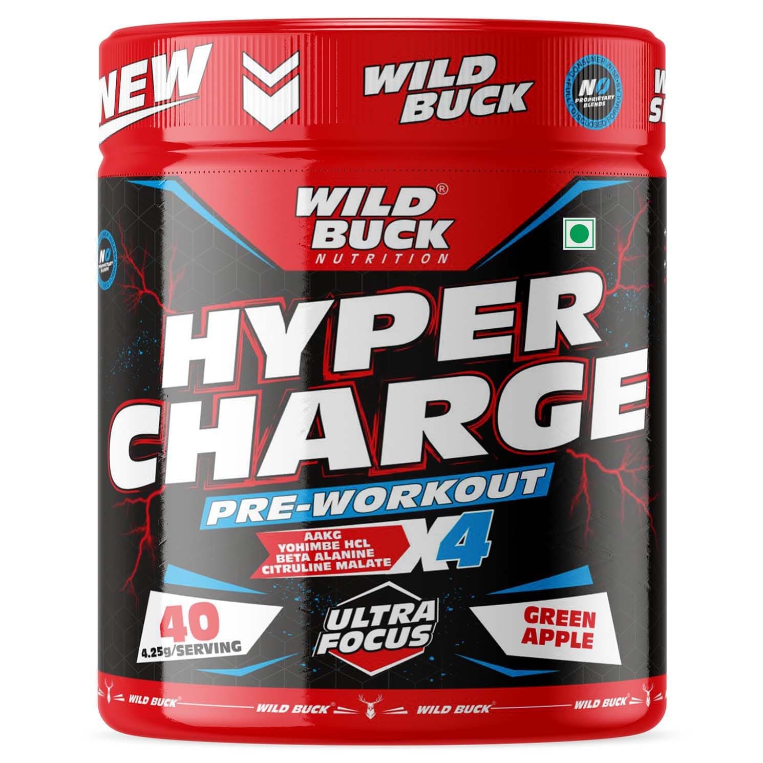 WILD BUCK Hyper Charge Pre-X4 Hardcore Pre-Workout Supplement Powder with Creatine Monohydrate,Arginine AAKG,Beta-Alanine,Caffeinated Punch-For Unisex [40 Serving,Green Apple], 4.25 grams