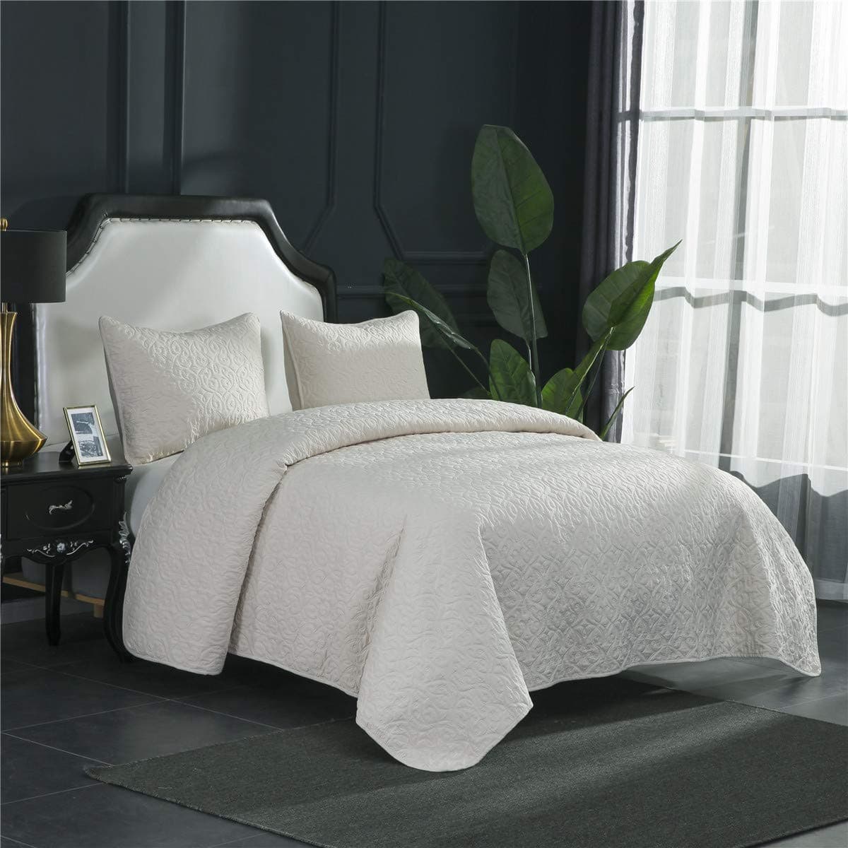 Prewashed 3 PC Solid Color Quilted Pattern Coverlet Quilt Set, Ivory, King