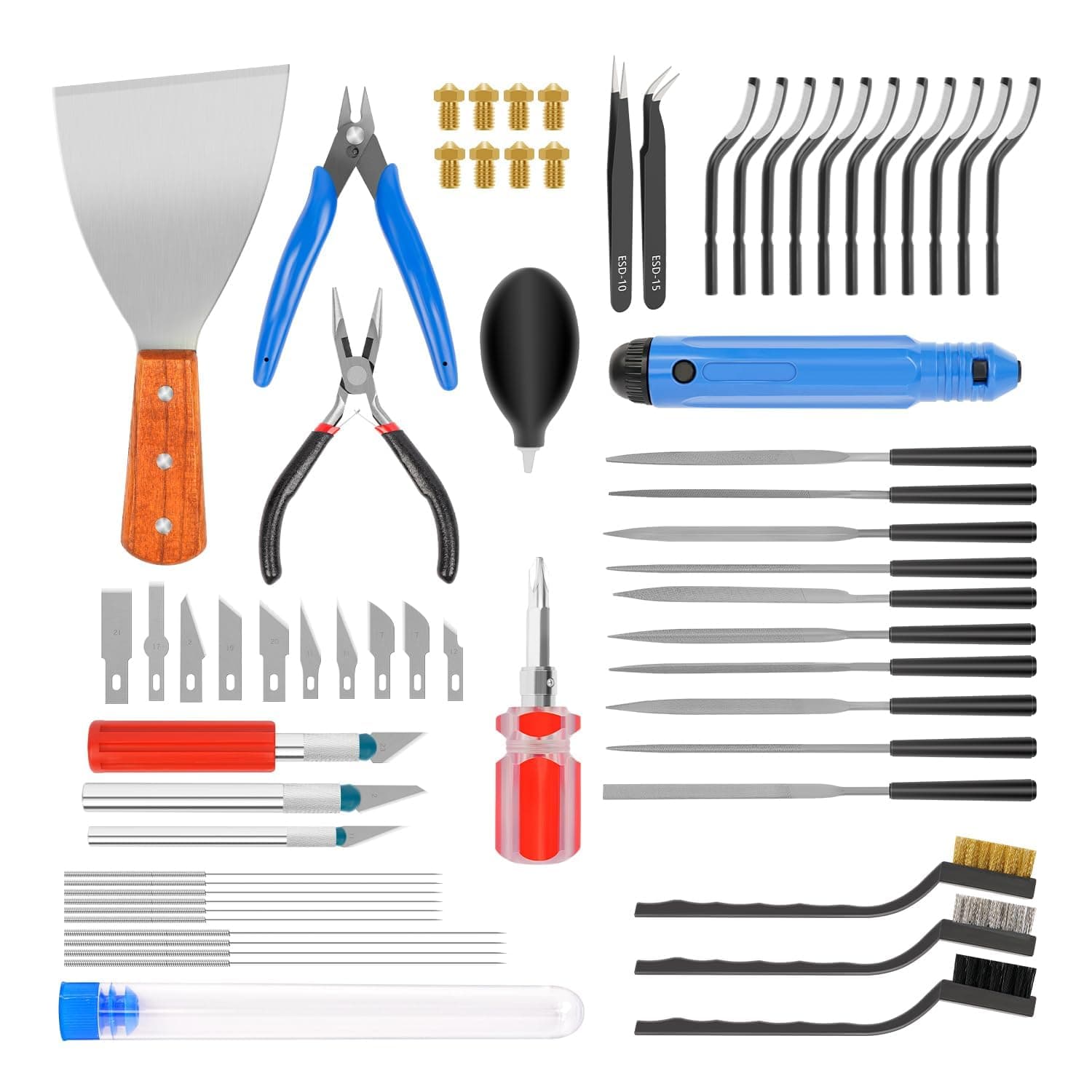 3D Printer Tool Kit, 3D Printed Model Refinement Tools and Accessories for Cleaning, Cutting, Deburring, and Finishing, Including Art Knife Set, Brass Nozzle & Clean Tools, Trimming Tools, 66Pcs