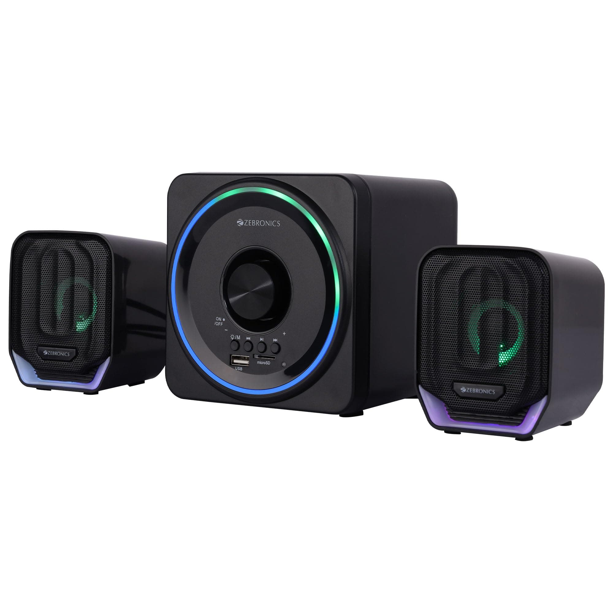 Pluto 2-2.1 Channel Desktop Speaker with 15 watts Output, Bluetooth 5.0, USB, mSD, FM, 3.5mm Jack Line Input, Inbuilt Volume Control, USB Powered, RGB Lights