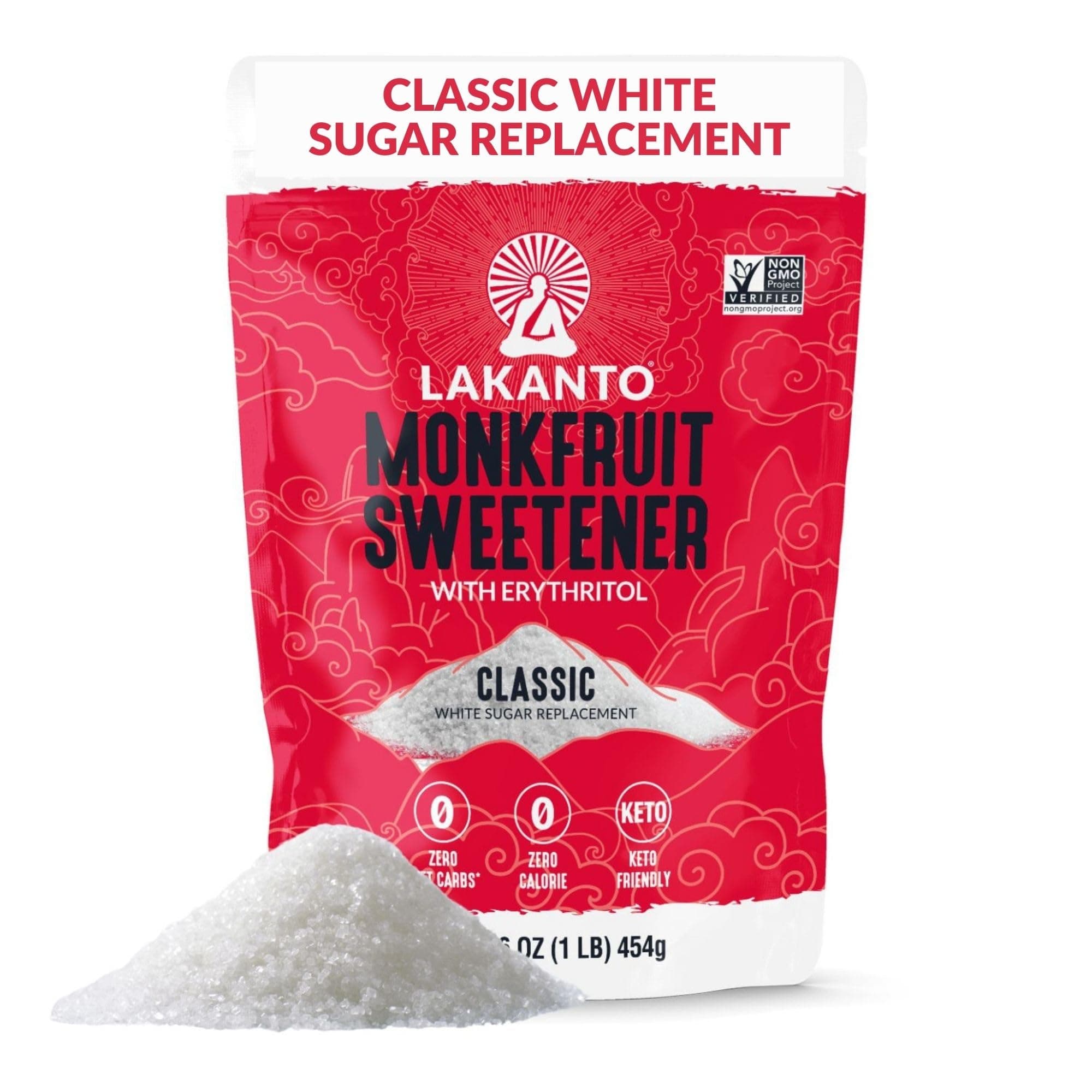 Lakanto Monk Fruit Sweetener With Erythritol, White Sugar Substitute From Monk Fruit Extract, Classic White Sugar Replacement for Baking, Coffee & Tea, Gluten Free, Low Carb, Non GMO, Keto, 1 LB Bag