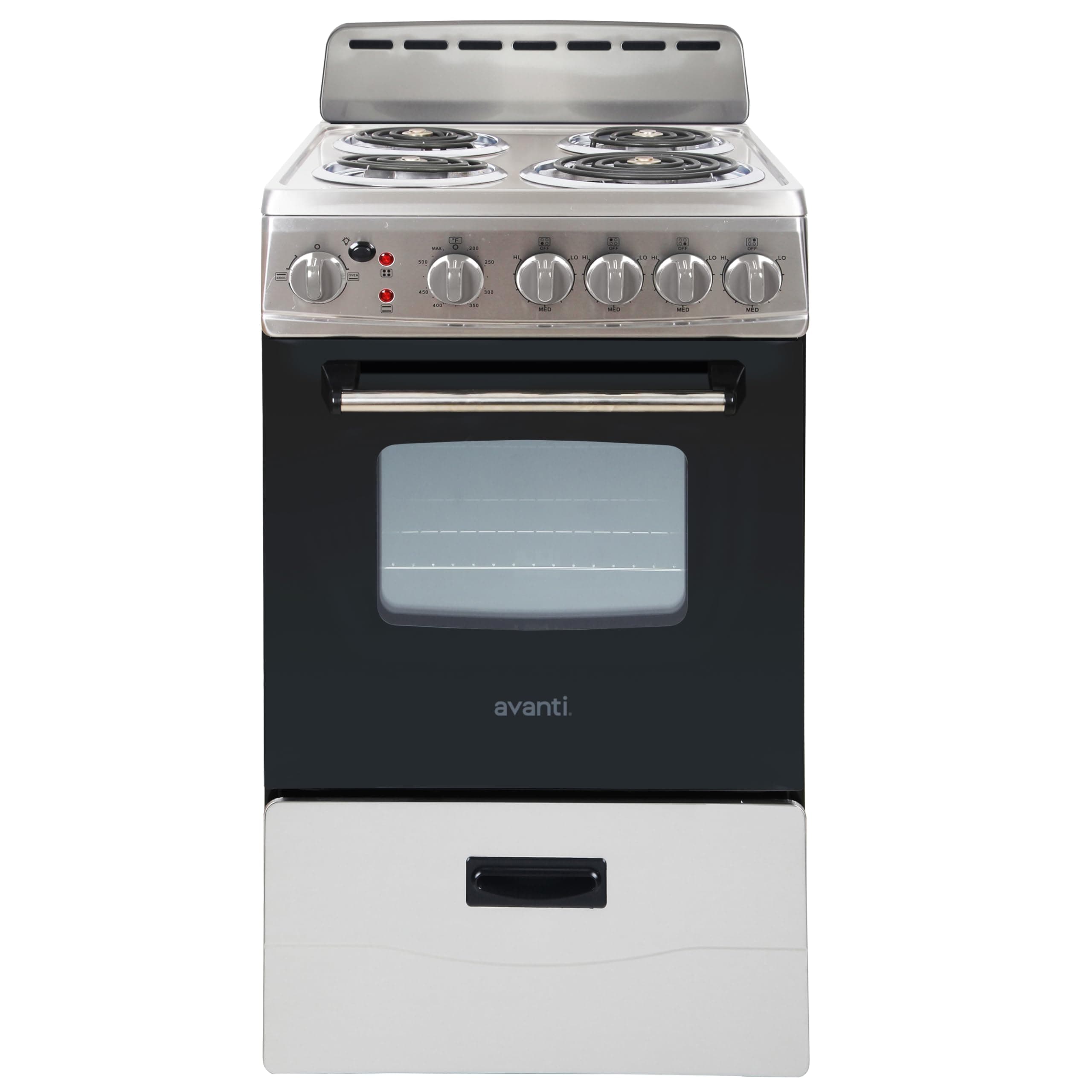 Avanti Electric Range Oven Compact Design, 2.1-Cu.Ft. Capacity with 4 Coil Burners, Framed Glass Oven Door, Storage Drawer and Broiler with Pan Perfect for Apartments, 20-Inch, Stainless Steel