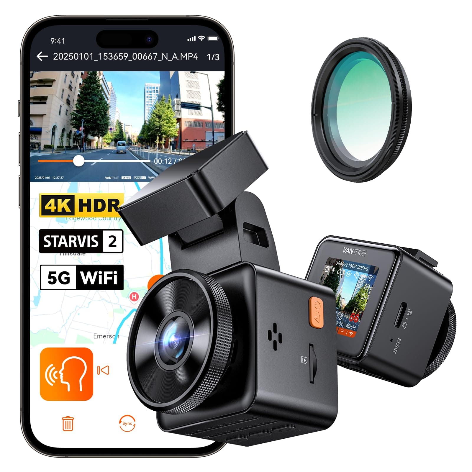 Vantrue E1 Pro 4K Mini Dash Cam Front, STARVIS 2 PlatePix HDR Night Vision Car Camera, Built-in 5G WiFi GPS, 1.54'' IPS Screen, Voice Control, 24/7 Buffered Parking Mode, Support 1TB Max