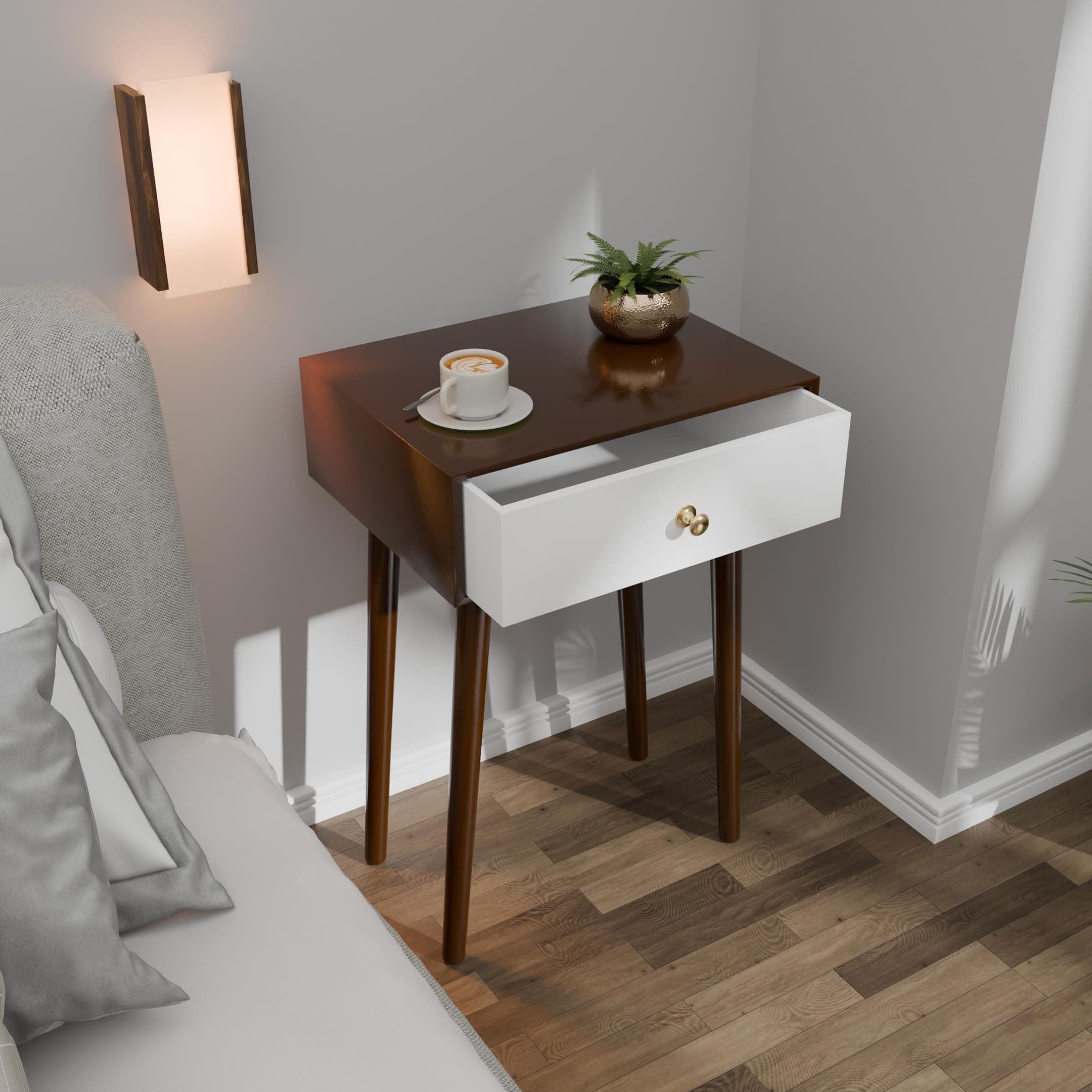 Modern Bedside Table with Solid Wood Legs, Minimalist and Practical End Side Table with Drawer Storage, Easy Assembly (Brown & White)