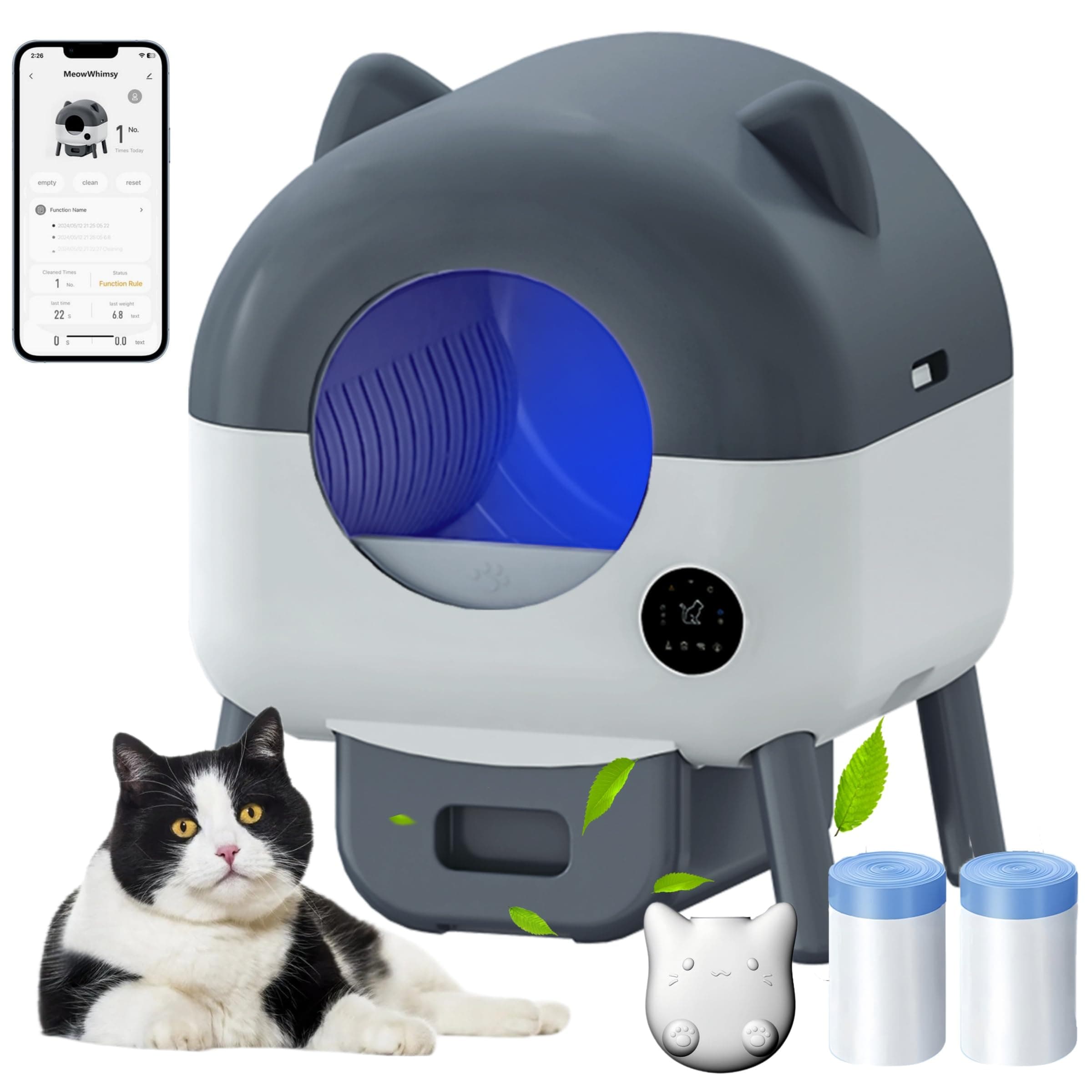 Automatic cat Litter Box self Cleaning for Multiple Cats, Extra Large 95L self-Cleaning Litter Box - Safety Sensors, App Control, Odor-Free, Removable Washable Liner,2 Rolls Garbage Bags&Aroma Box