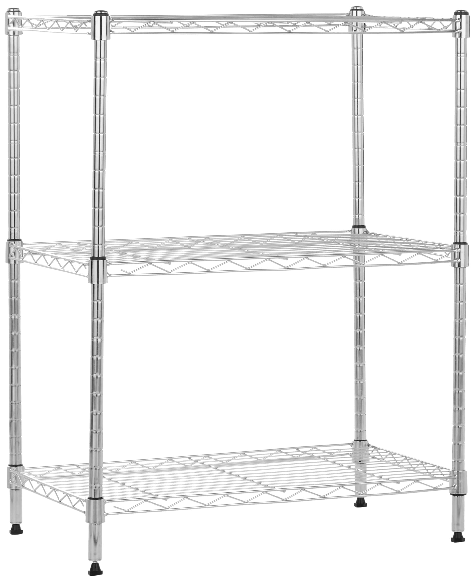 – Amazon Basics 3-Shelf Narrow Storage Unit With Height Adjustable Shelves and Levelling Feet, 340 kg Max Weight, Chrome, 34 cm D x 58.9 cm W x 76.2 cm H