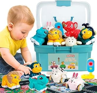 Kiddiworld Animal Car Toys for 1 Year Old Boy Gifts: Mini Trucks with Playmat/Storage Box for Toddler Age 1-2, 1st One First Christmas Birthday Gift for Infant Baby 12-18 Months