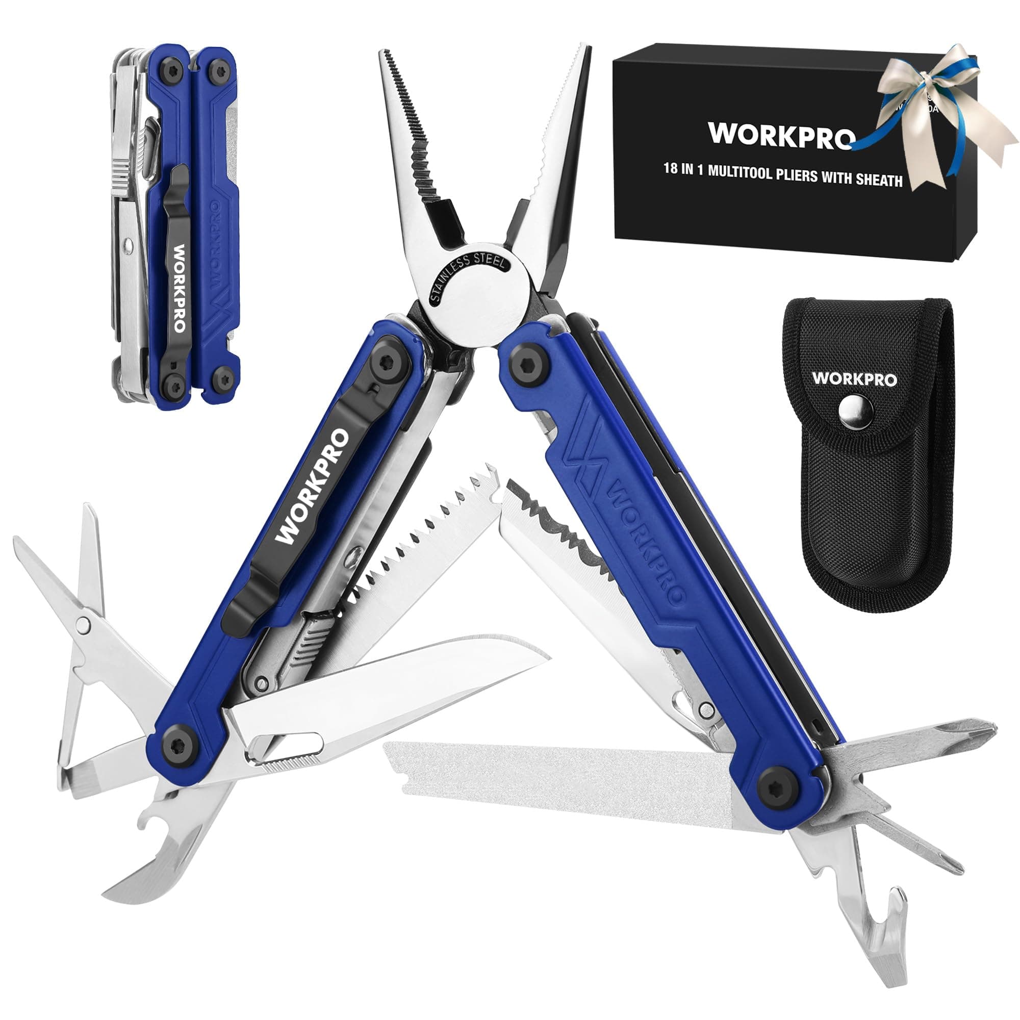 WORKPRO 18 in 1 Multi Tool Pliers with Sheath-Blue, Stainless Steel Multi Tool with Carry Bag, Saws, Wood, Metal Files, Multi Pliers, Multi Screwdrivers, Belt Clip for Camping Maintenance
